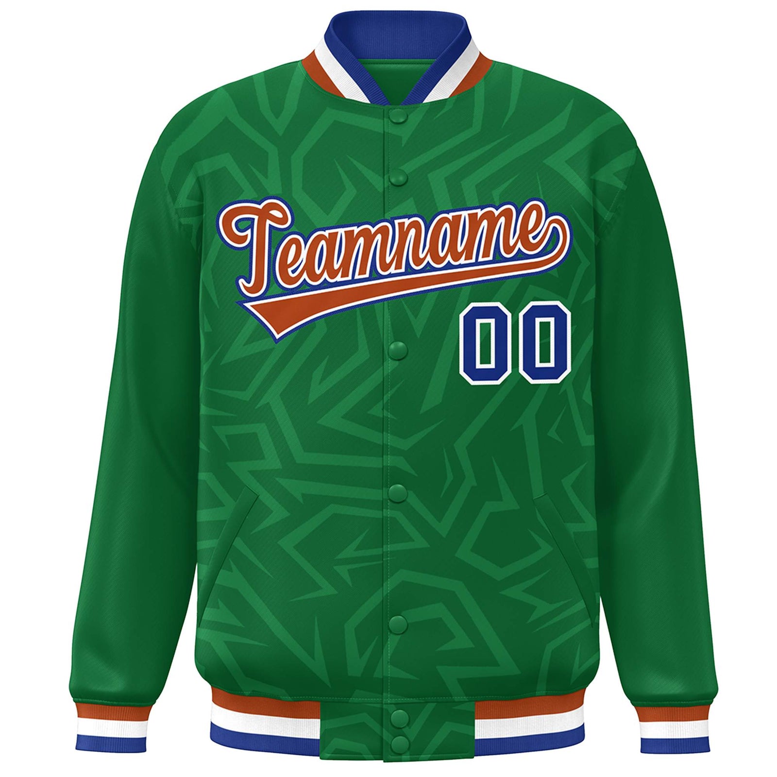 Custom Kelly Green Orange-Royal Stripe Graffiti Pattern Varsity Full-Snap Jacket