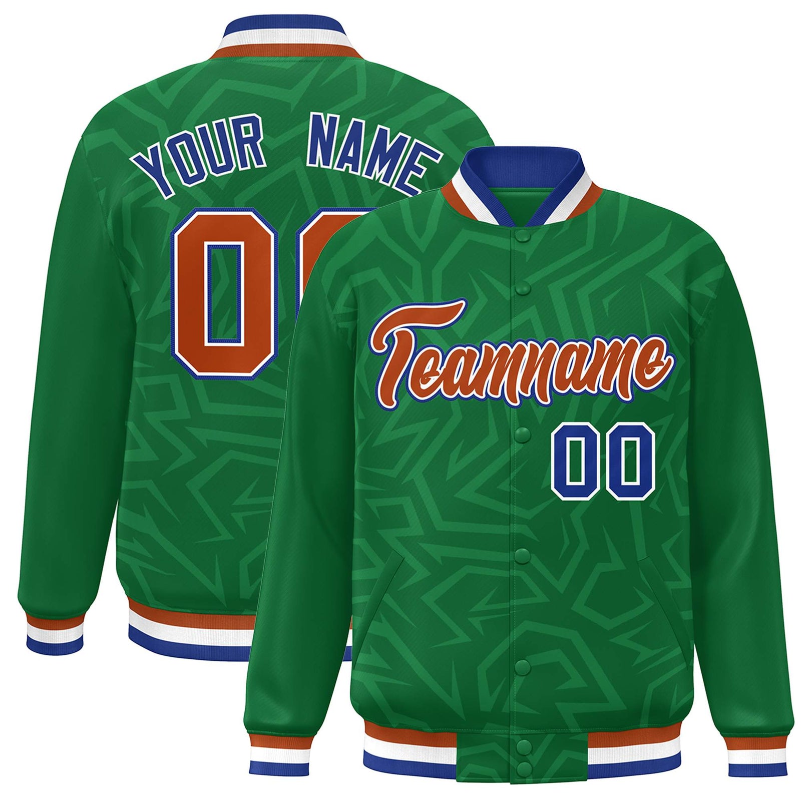 Custom Kelly Green Orange-Royal Stripe Graffiti Pattern Varsity Full-Snap Jacket