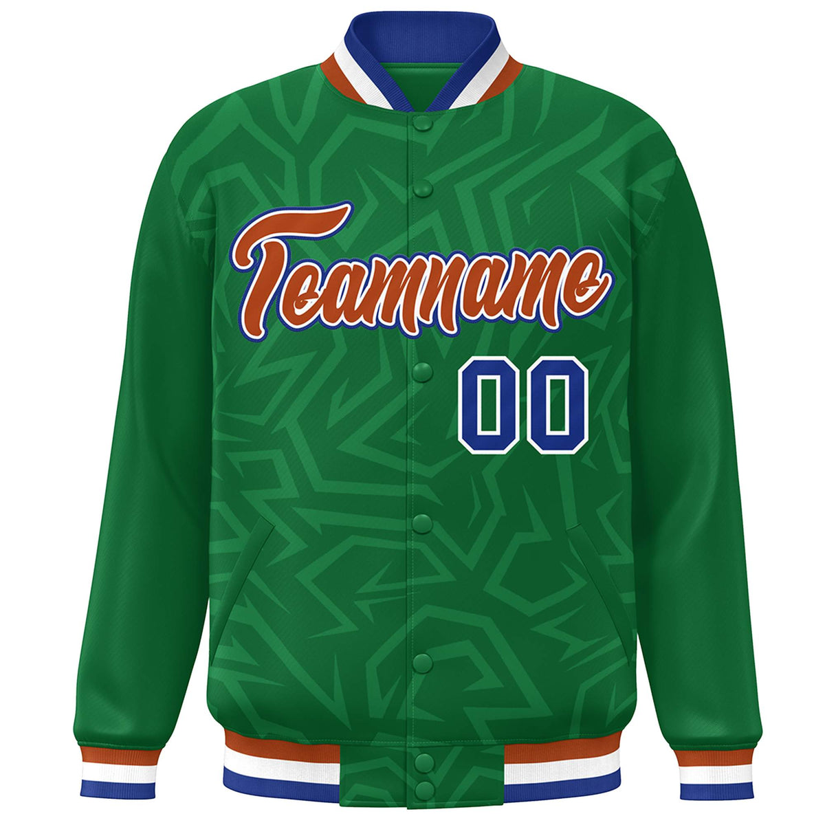 Custom Kelly Green Orange-Royal Stripe Graffiti Pattern Varsity Full-Snap Jacket