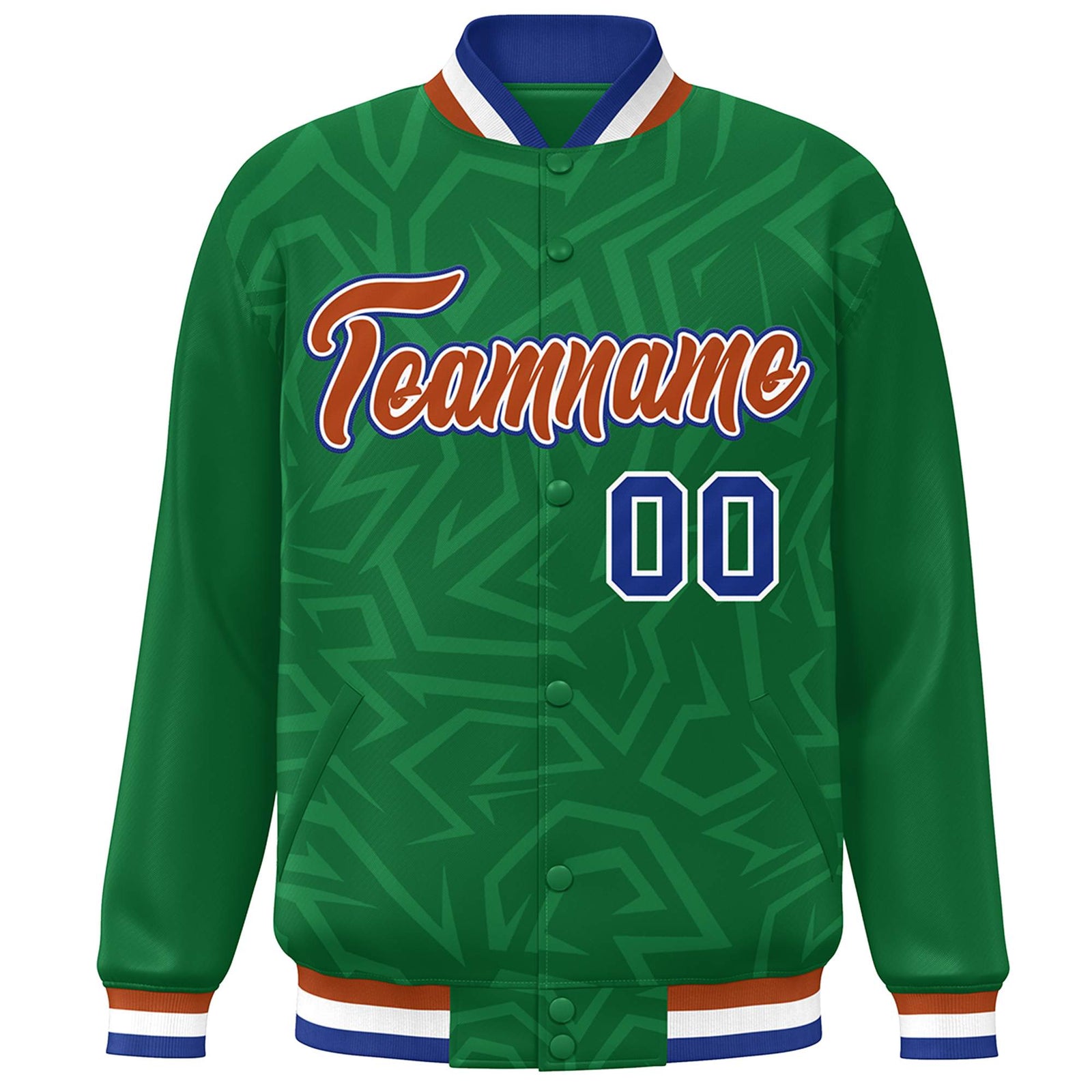 Custom Kelly Green Orange-Royal Stripe Graffiti Pattern Varsity Full-Snap Jacket