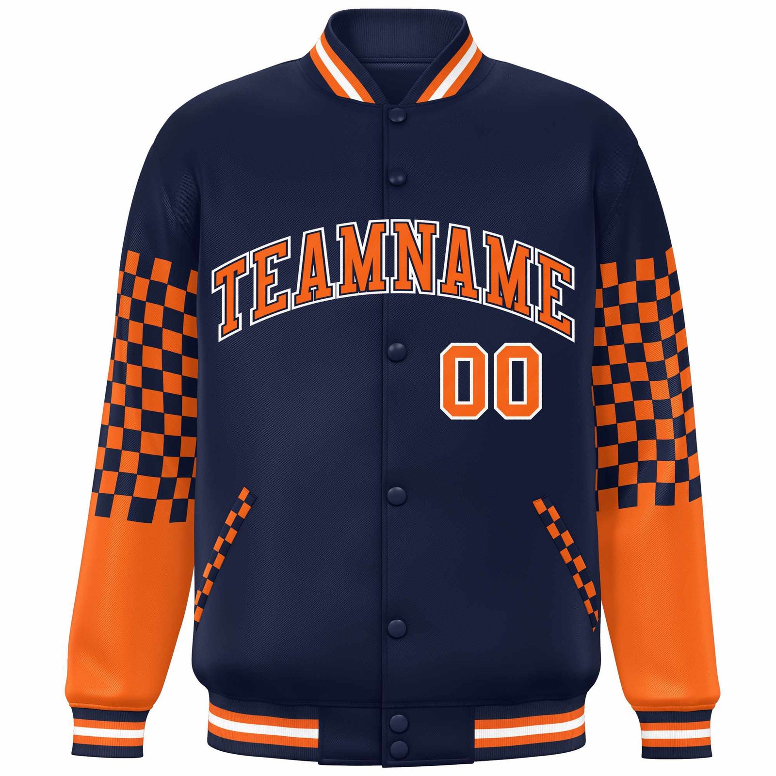 Custom Navy Orange-White Checkered Pattern Color Block Bomber Varsity Jacket