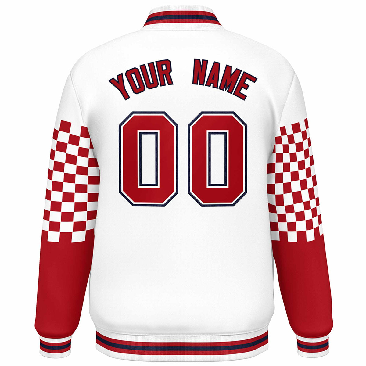 Custom White Red-Navy Checkered Pattern Color Block Bomber Varsity Jacket