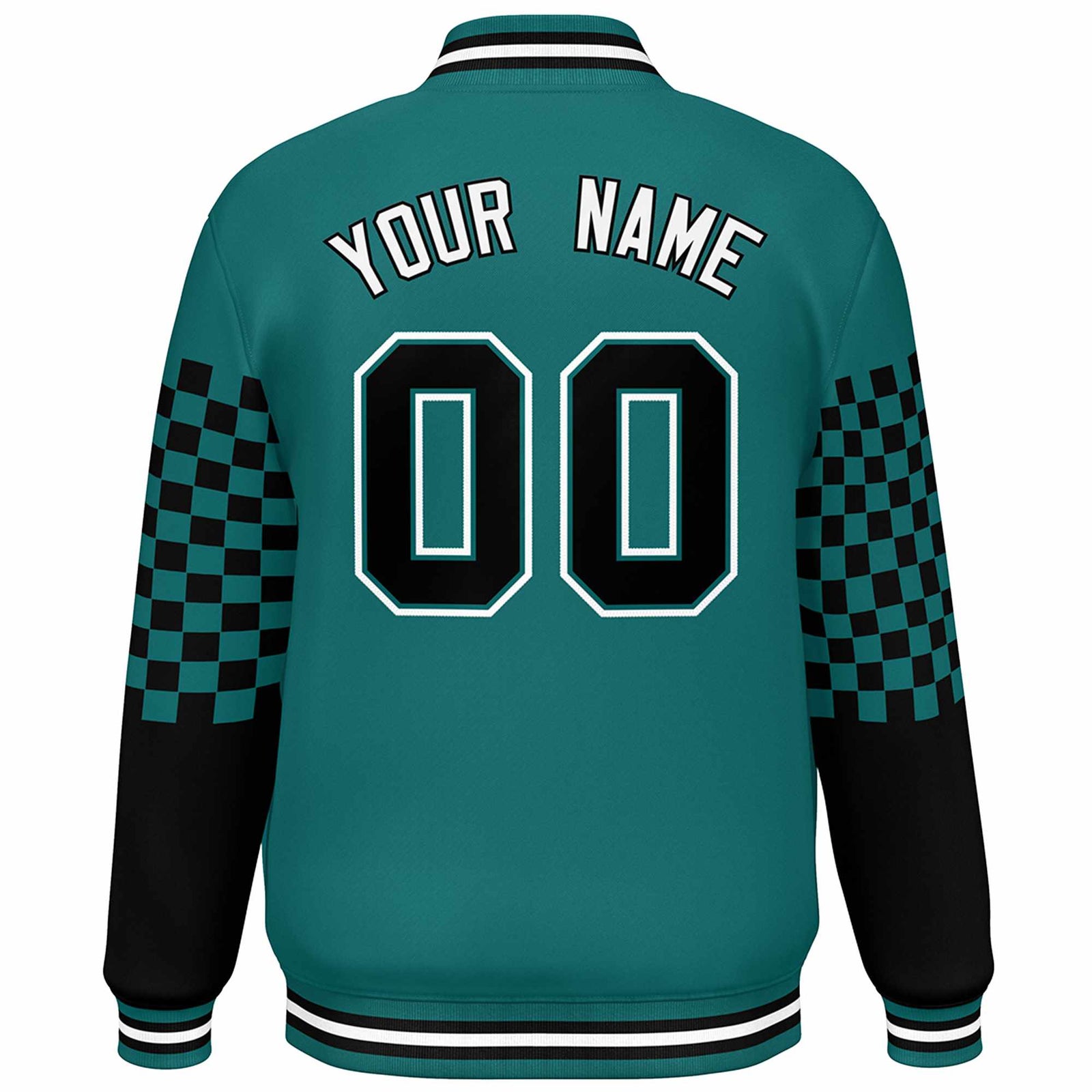 Custom Aqua Black-White Checkered Pattern Color Block Bomber Varsity Jacket