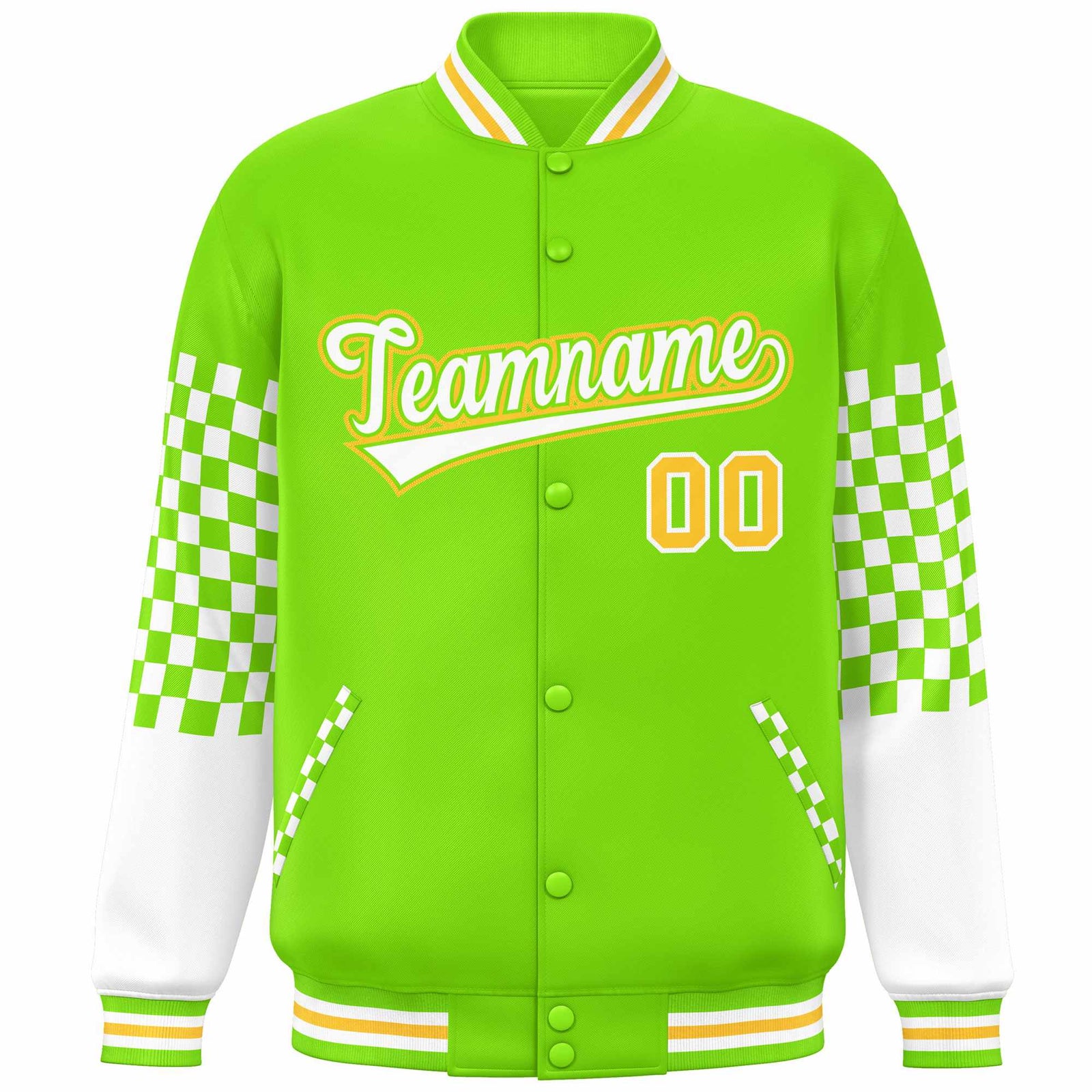 Custom Neon Green White-Gold Checkered Pattern Color Block Bomber Varsity Jacket