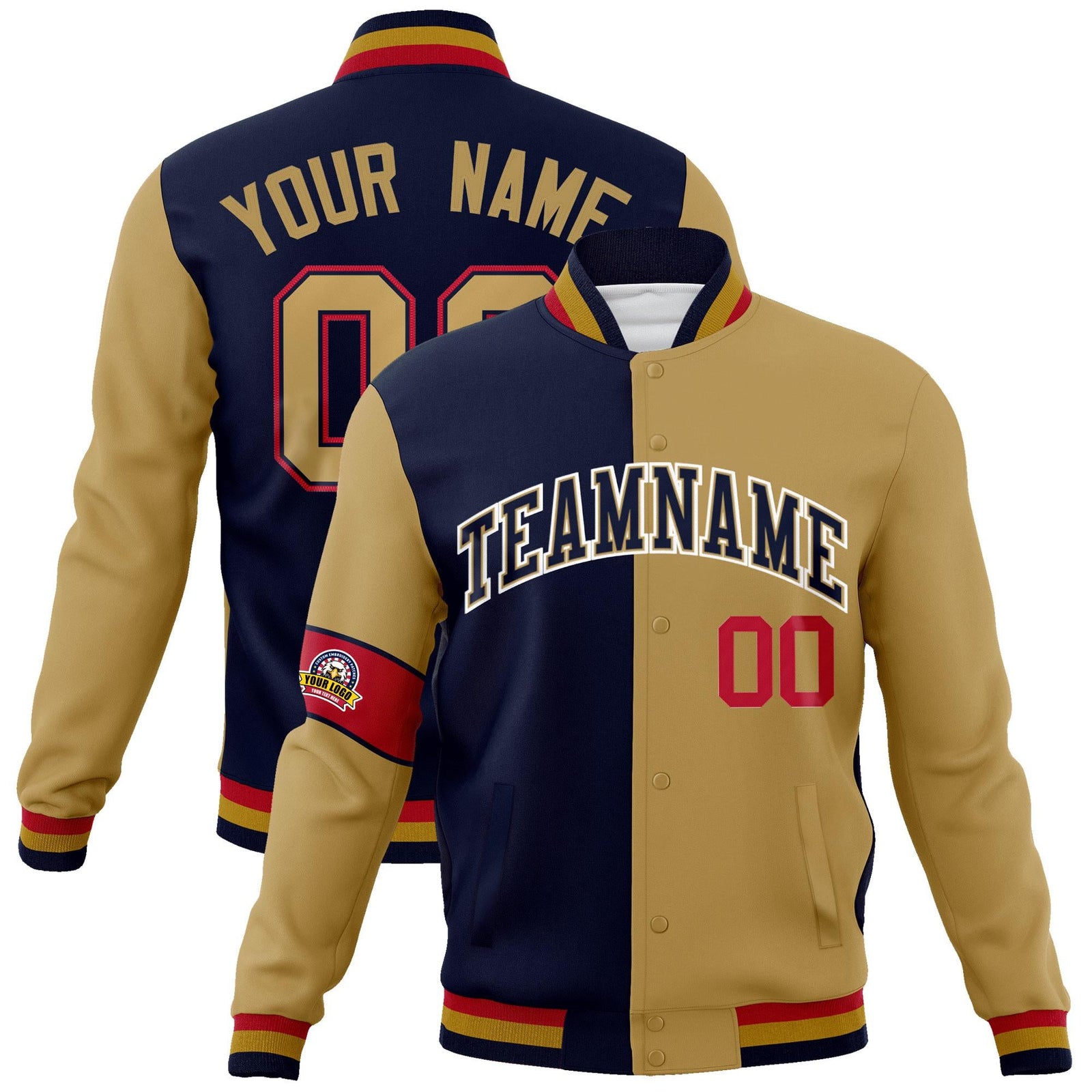 Custom Navy Old Gold-White Letterman Two Tone Full-Snap Split Fashion Jacket
