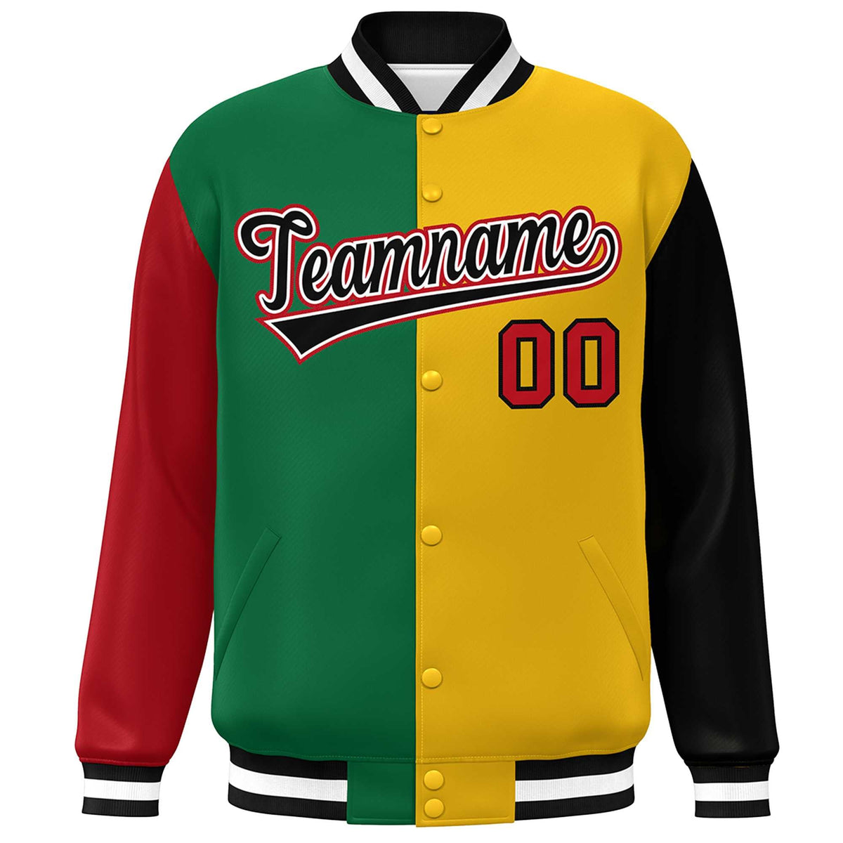 Custom Red Kelly Green Gold-Black Color Block Bomber Varsity Full-Snap Baseball Jacket