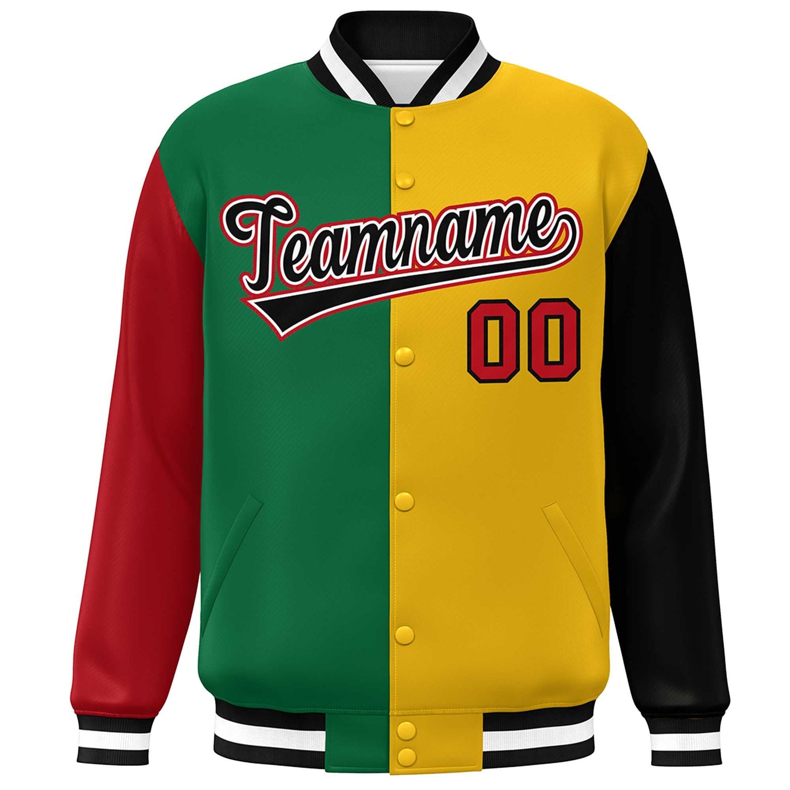 Custom Red Kelly Green Gold-Black Color Block Bomber Varsity Full-Snap Baseball Jacket
