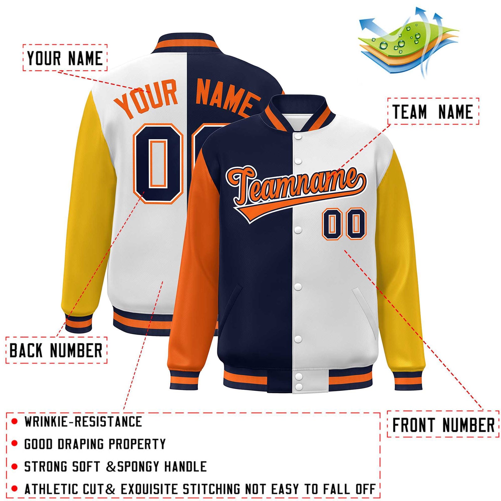 Custom Orange Navy White-Gold Color Block Bomber Varsity Full-Snap Baseball Jacket