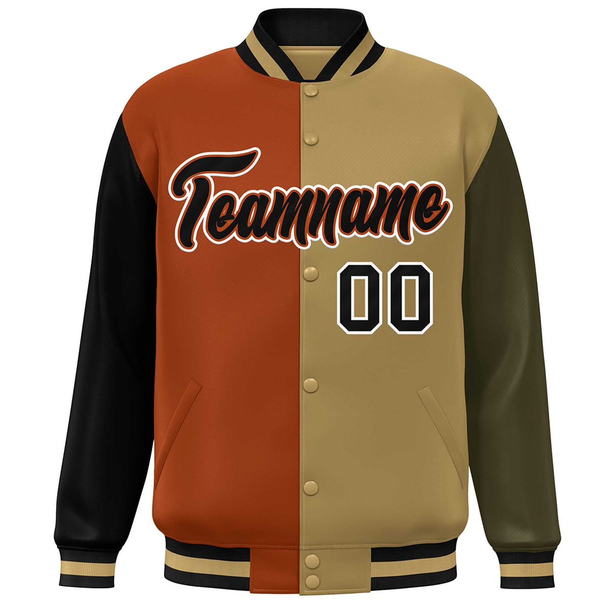 Custom Black Texas Orange Old Gold-Olive Color Block Bomber Varsity Full-Snap Baseball Jacket