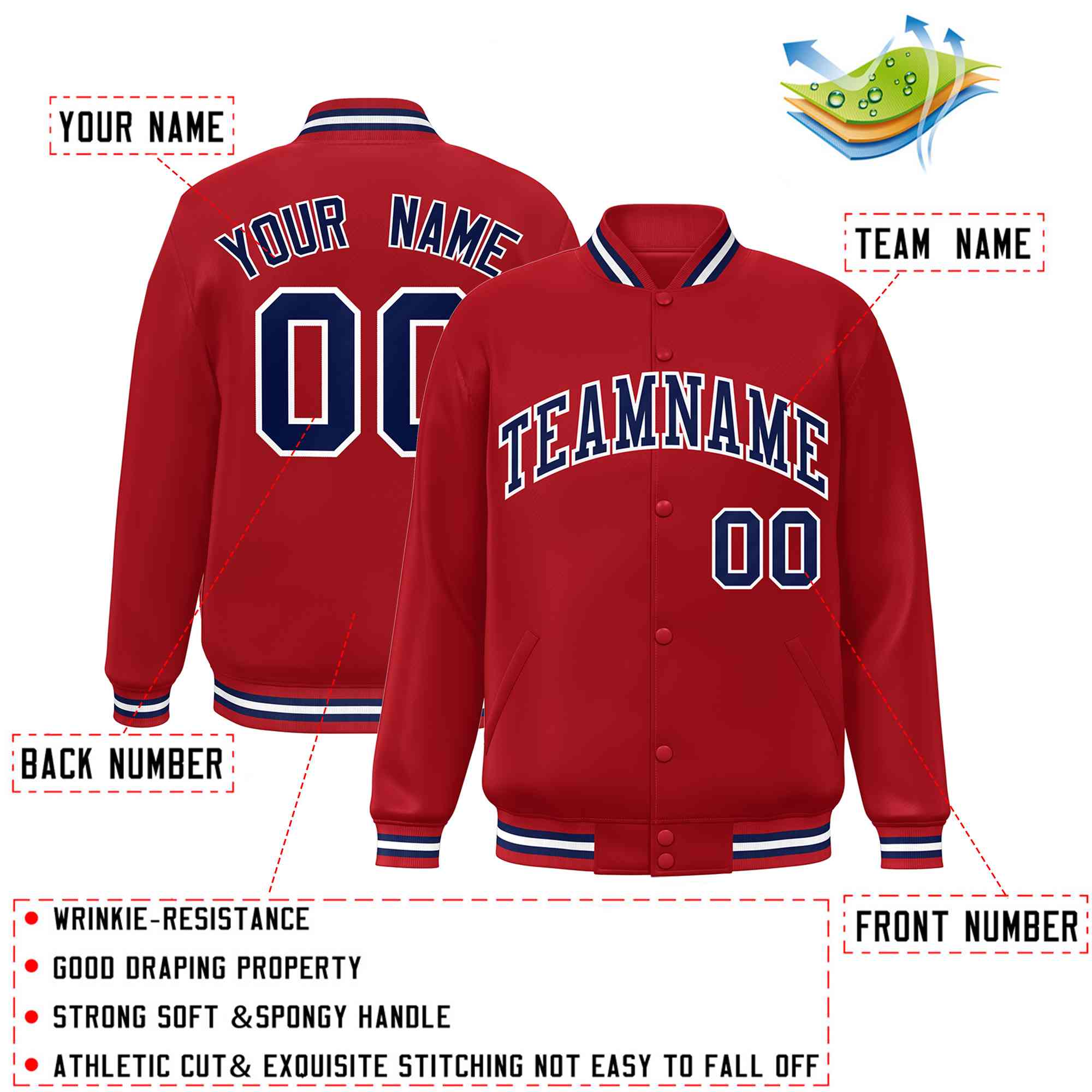 Custom Red Navy-White Letterman Two Tone Classic Style Full-Snap Jacket