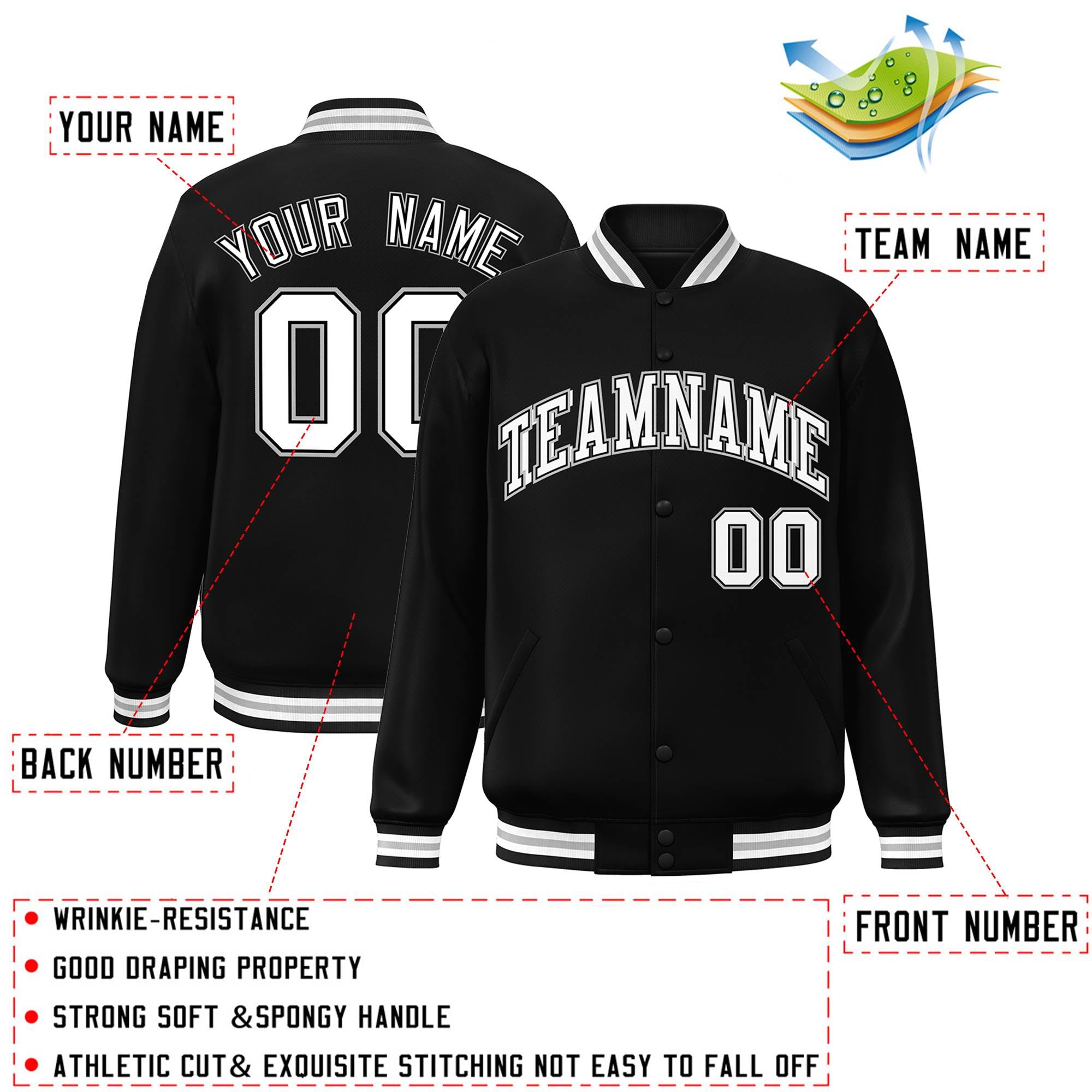 Custom Black White-Gray Letterman Classic Style Full-Snap Bomber Jacket