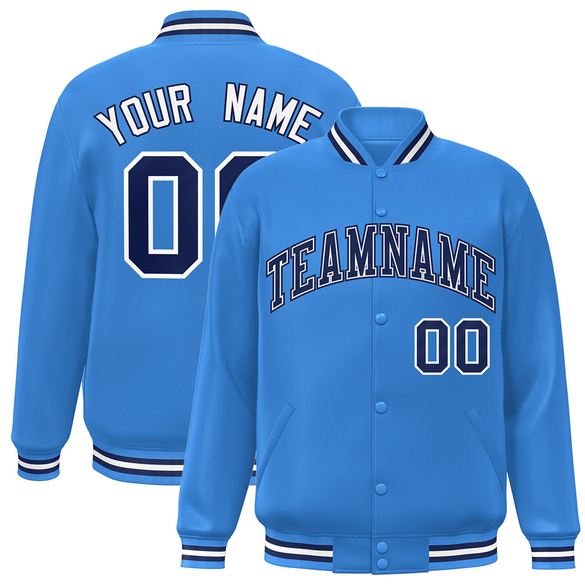 Custom Powder Blue Navy-White Letterman Two Tone Classic Style Varsity Full-Snap Jacket