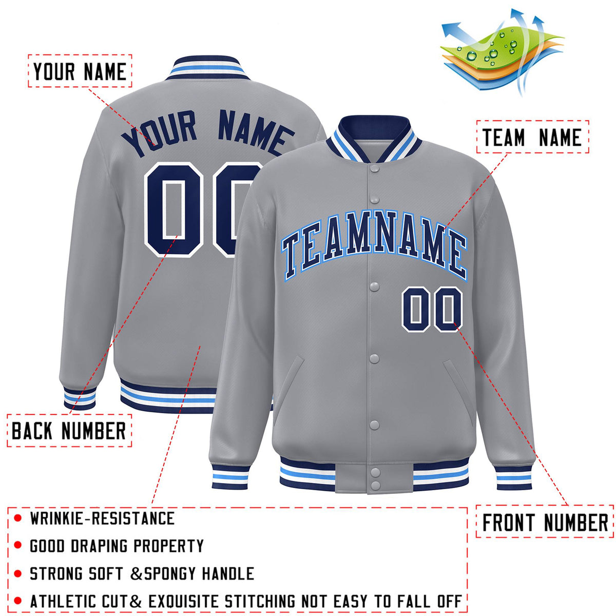 Custom Gray Royal-Powder Blue Letterman Two Tone Classic Style Varsity Full-Snap Jacket
