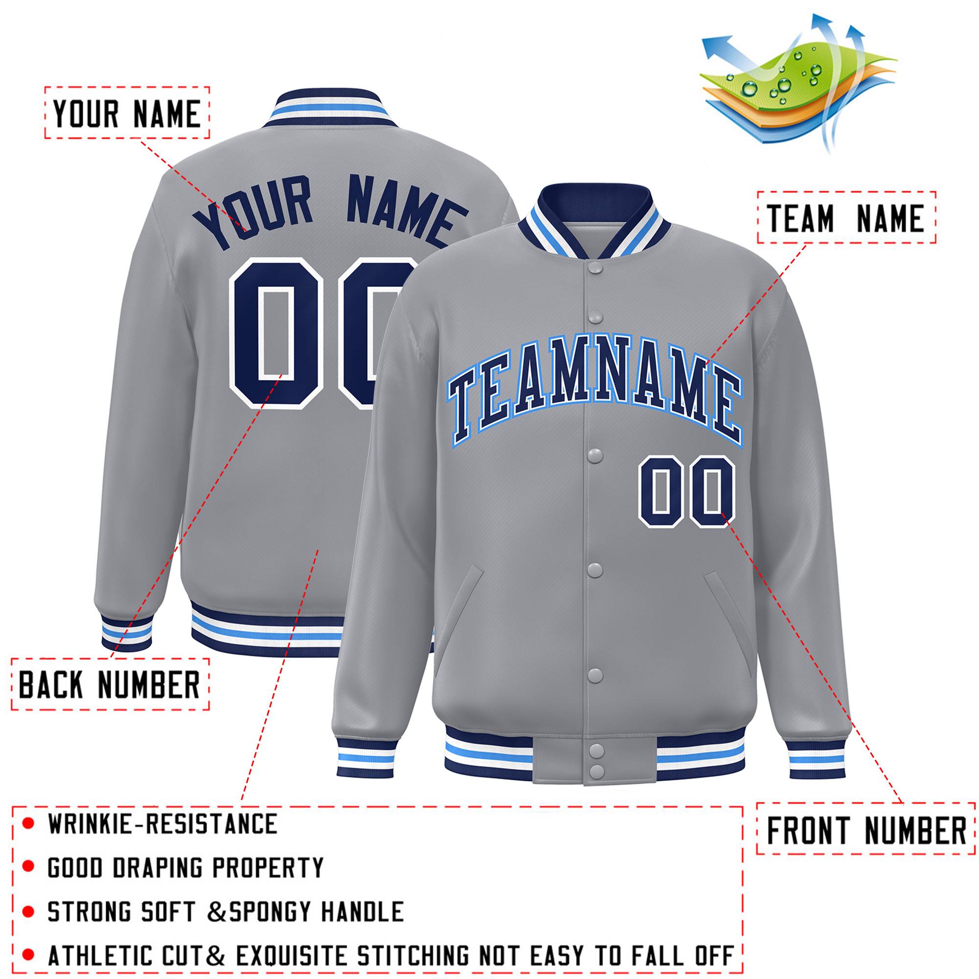 Custom Gray Royal-Powder Blue Letterman Two Tone Classic Style Varsity Full-Snap Jacket