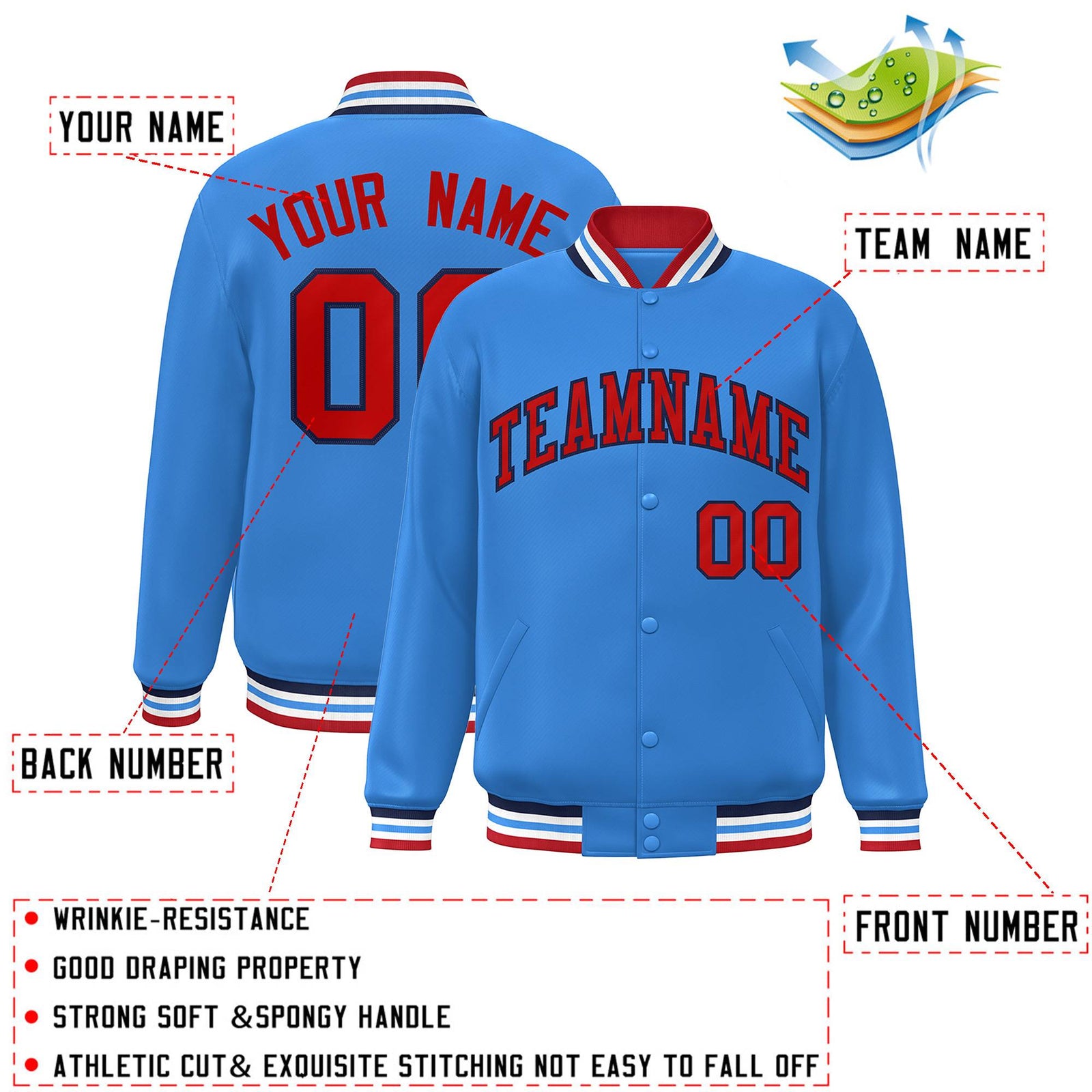Custom Powder Blue Red-Navy Blue Letterman Two Tone Classic Style Varsity Full-Snap Jacket