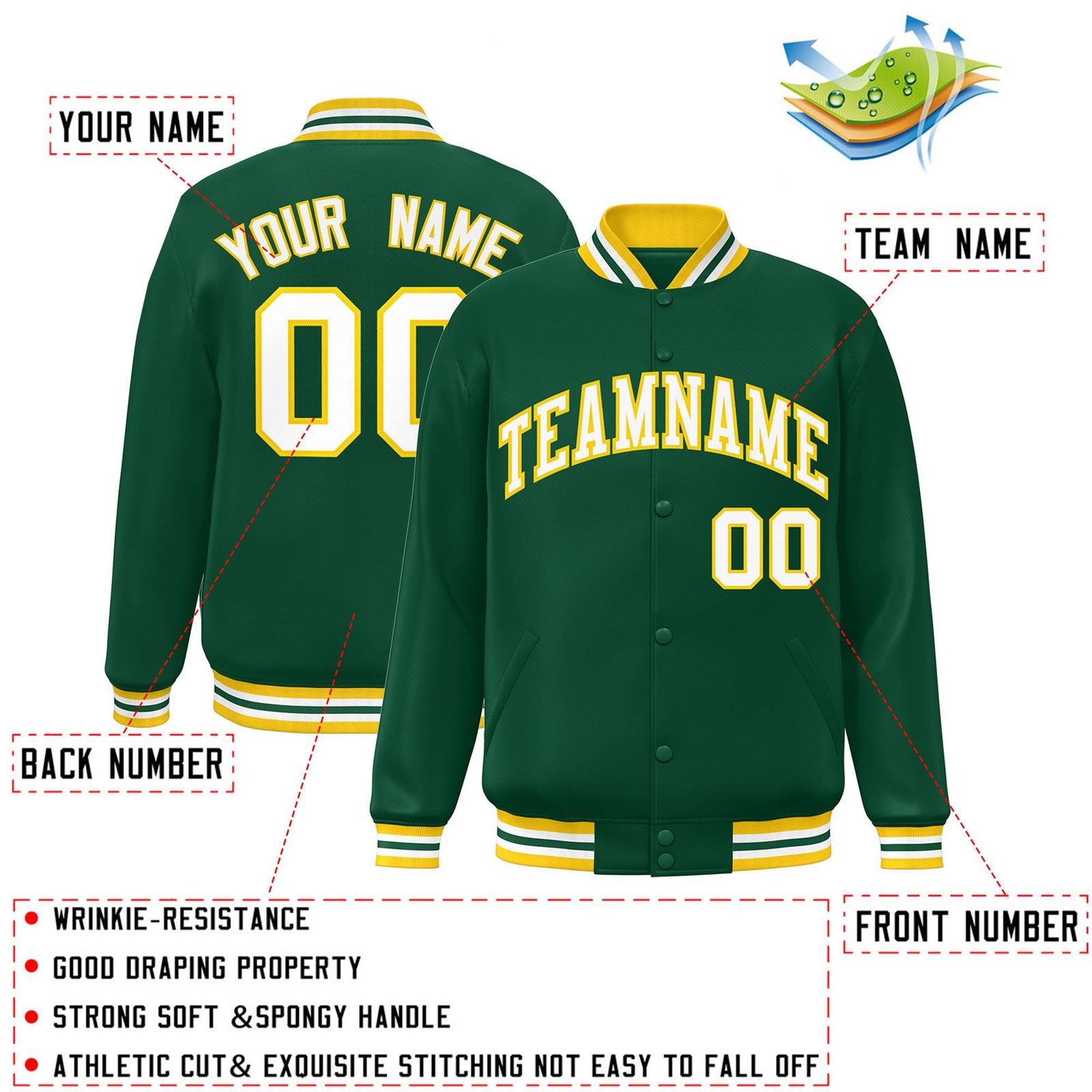 Custom Green White-Gold Letterman Two Tone Classic Style Varsity Full-Snap Jacket