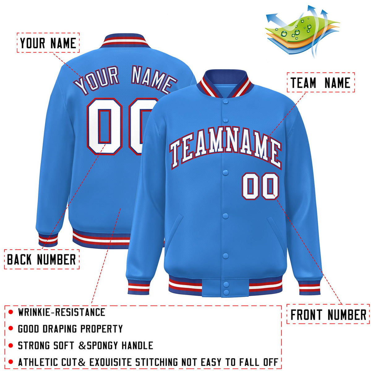 Custom Powder Blue White-Red Letterman Two Tone Classic Style Varsity Full-Snap Jacket