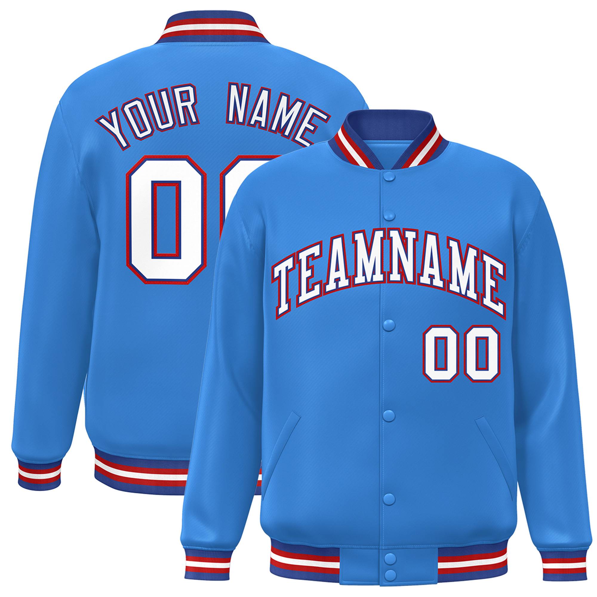 Custom Powder Blue White-Red Letterman Two Tone Classic Style Varsity Full-Snap Jacket