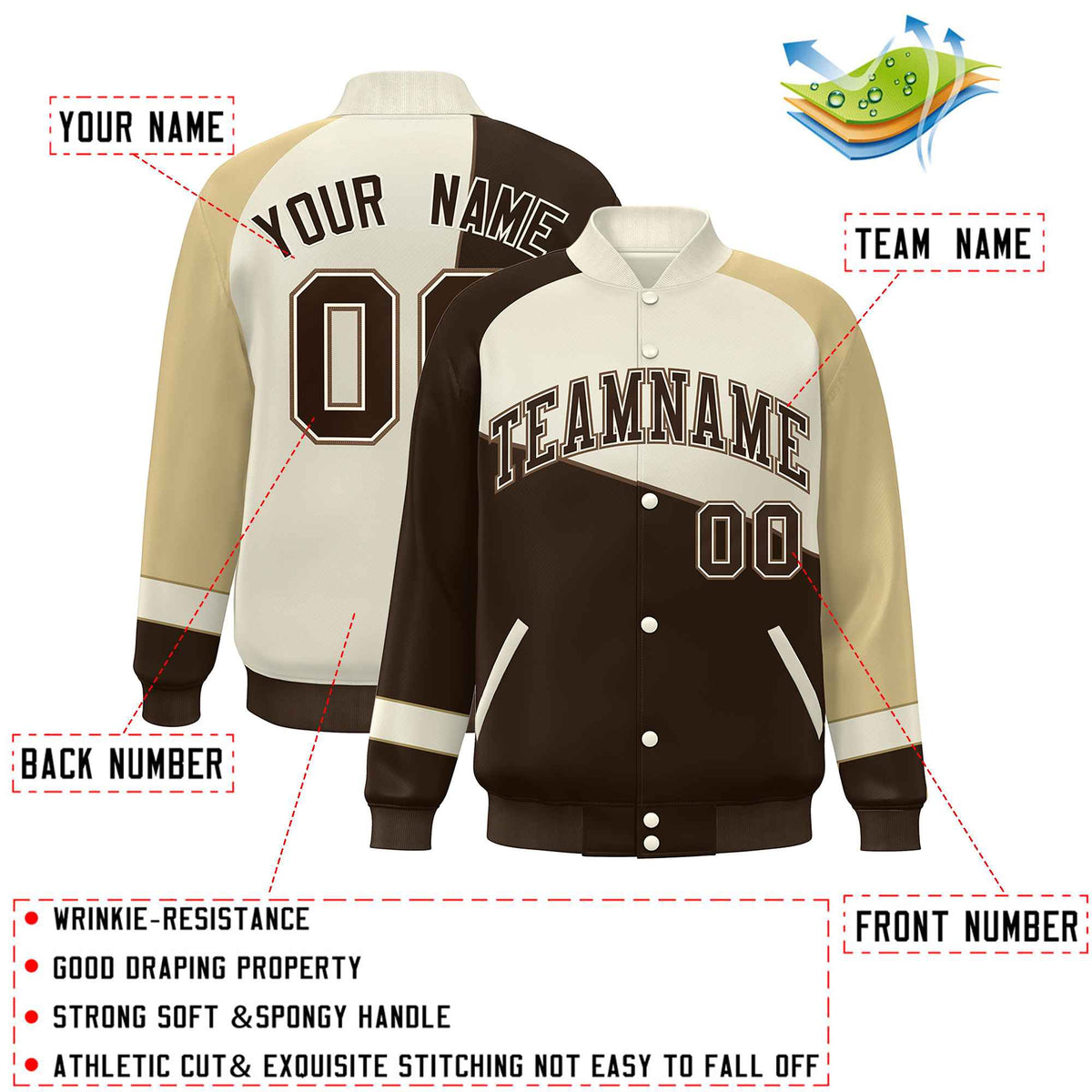 Custom Brown White-Khaki Color Block Bomber Varsity Full-Snap Baseball Jacket