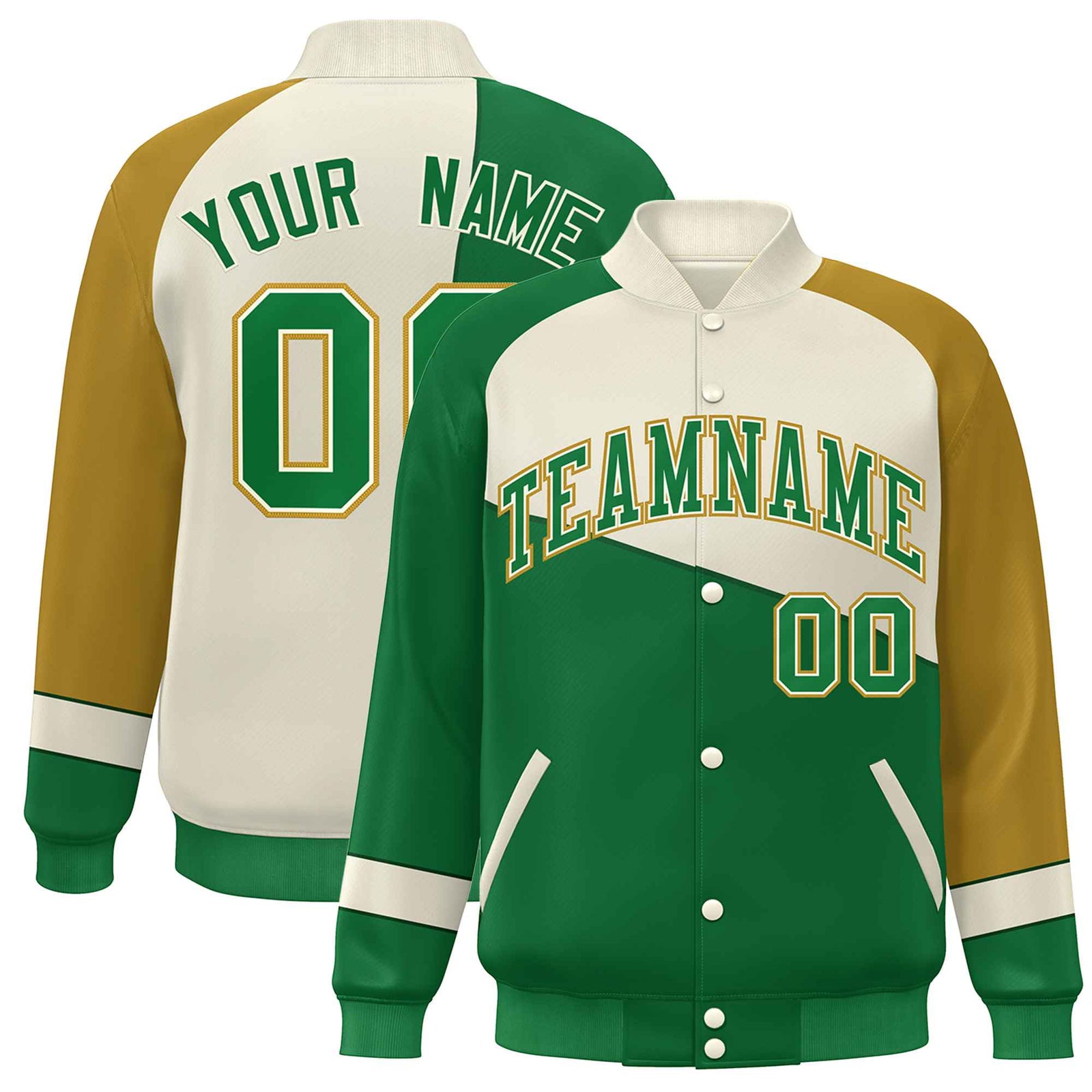 Custom Kelly Green White-Old Gold Color Block Bomber Varsity Full-Snap Baseball Jacket