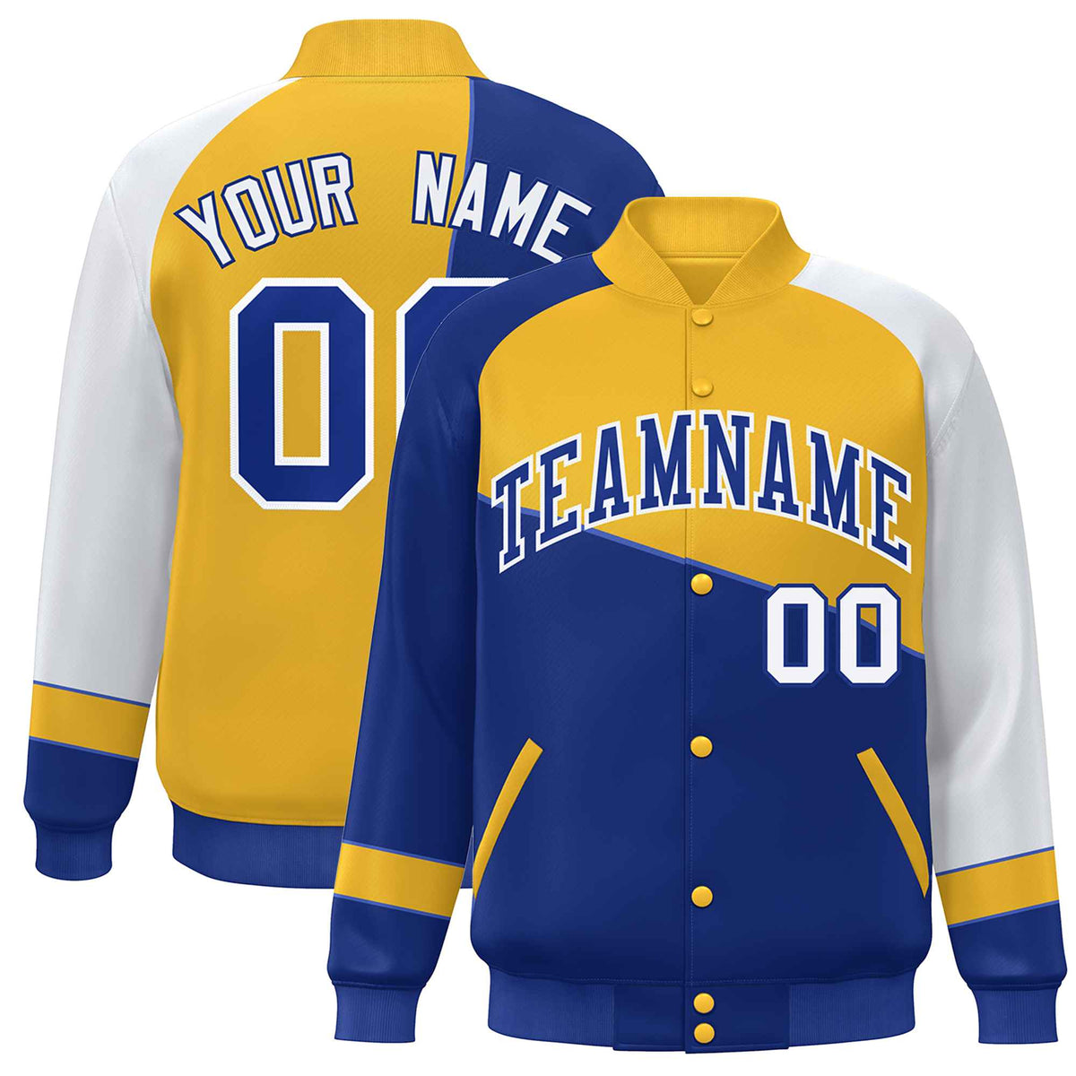 Custom Royal Gold-White Color Block Bomber Varsity Full-Snap Baseball Jacket