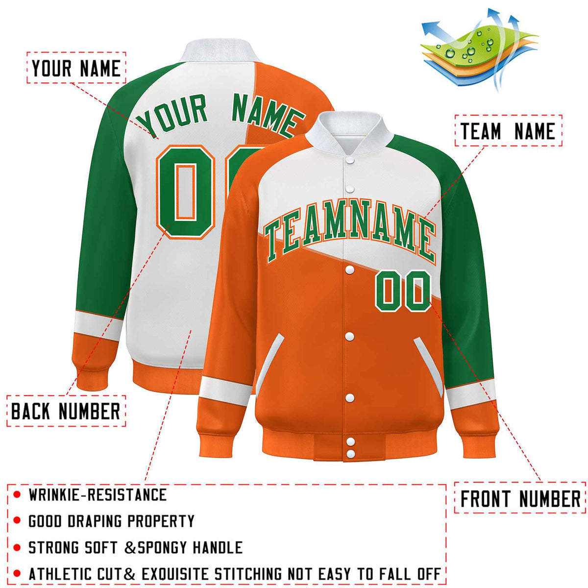 Custom Orange White-Kelly Green Color Block Bomber Varsity Full-Snap Baseball Jacket