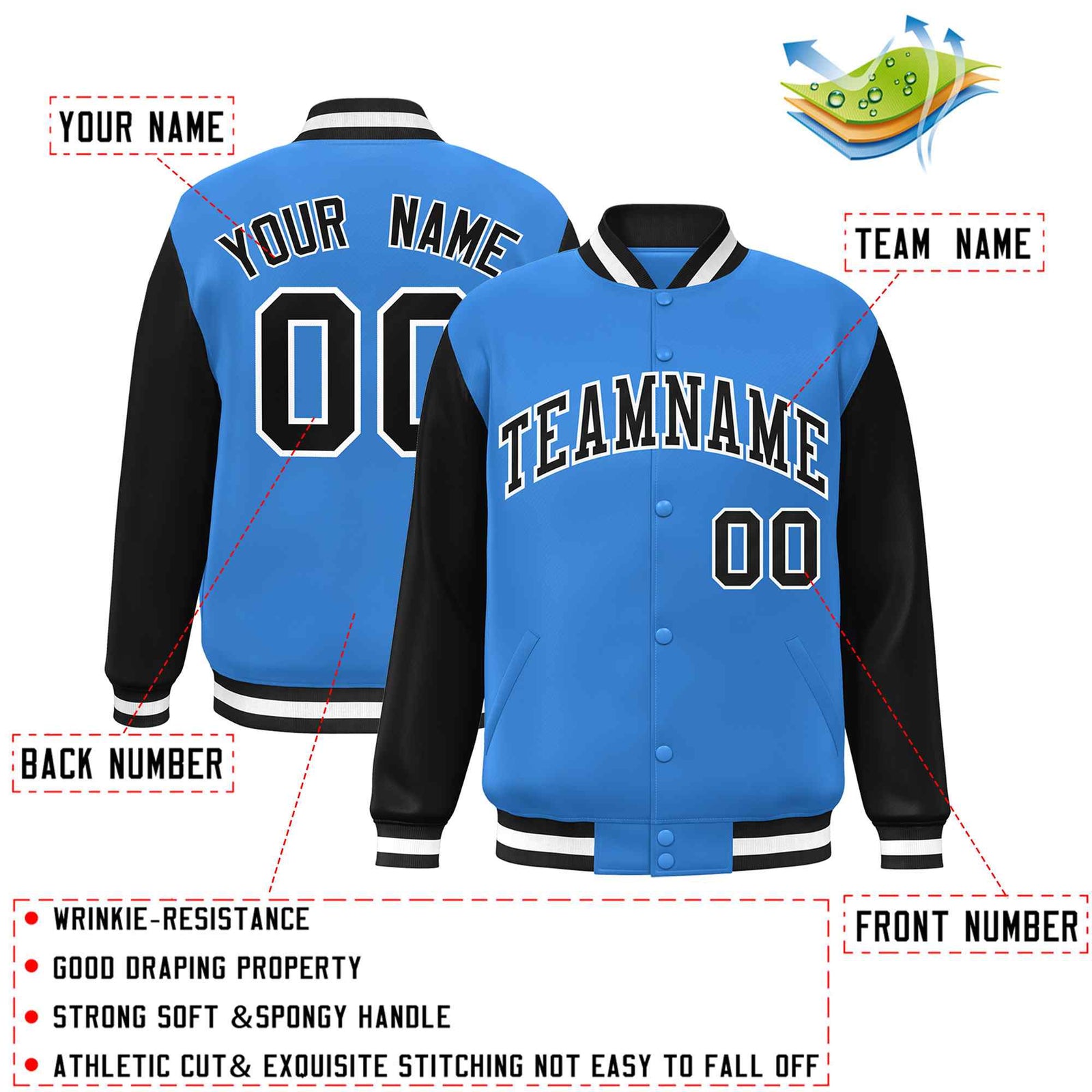 Custom Powder Blue Black-White Raglan Sleeves Varsity Full-Snap Letterman Jacket