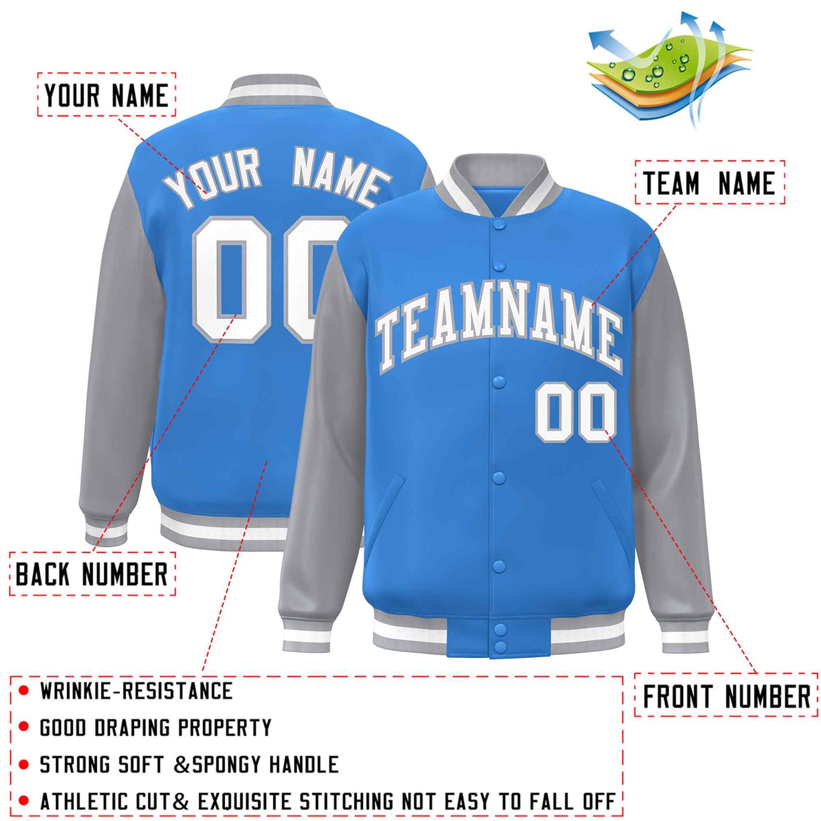 Custom Powder Blue White-Gray Raglan Sleeves Varsity Full-Snap Letterman Jacket