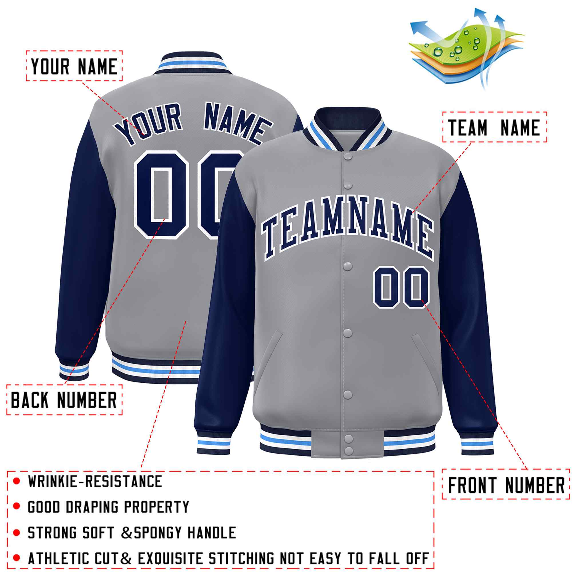 Custom Gray Navy-White Raglan Sleeves Varsity Full-Snap Letterman Jacket