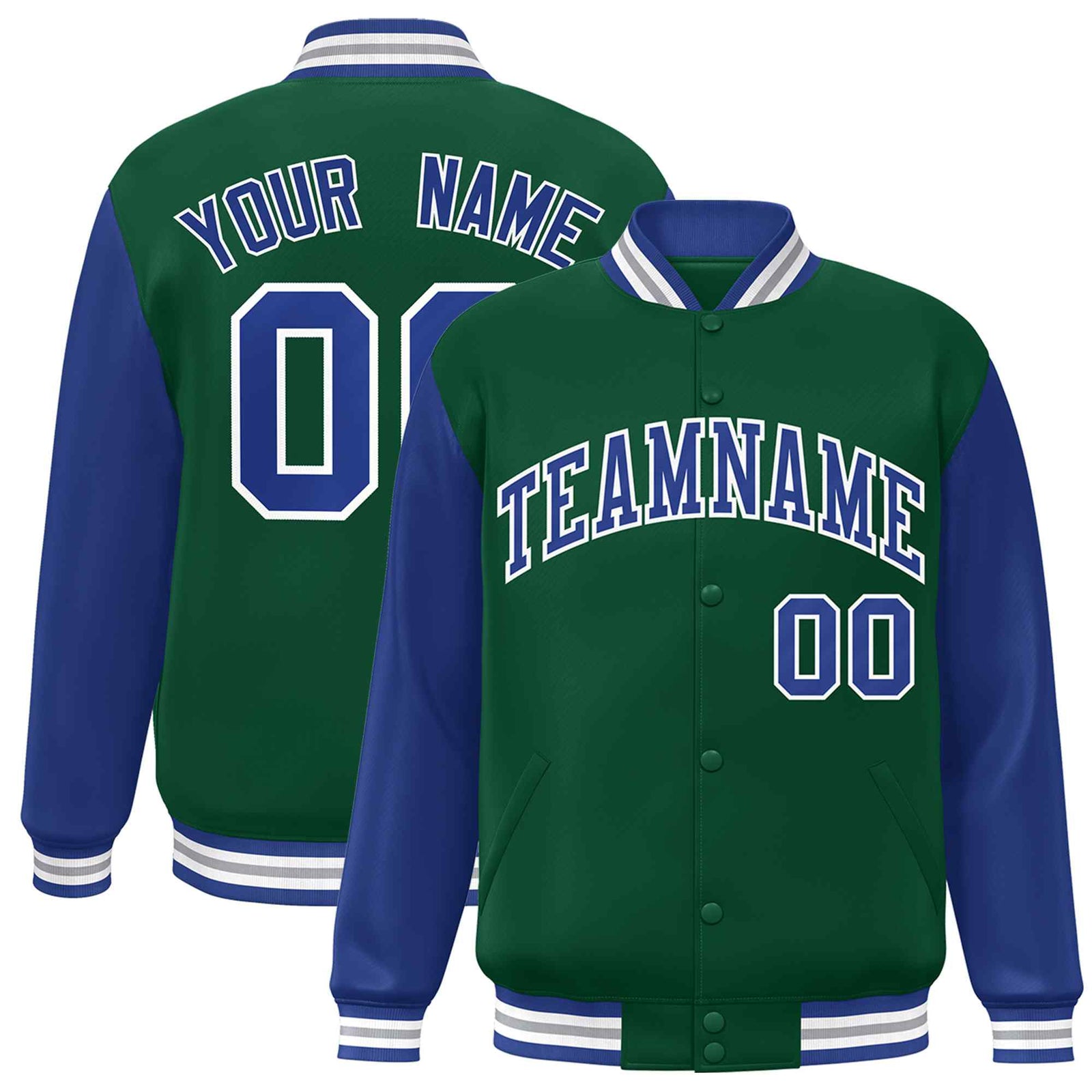 Custom Green Royal-White Raglan Sleeves Varsity Full-Snap Letterman Jacket