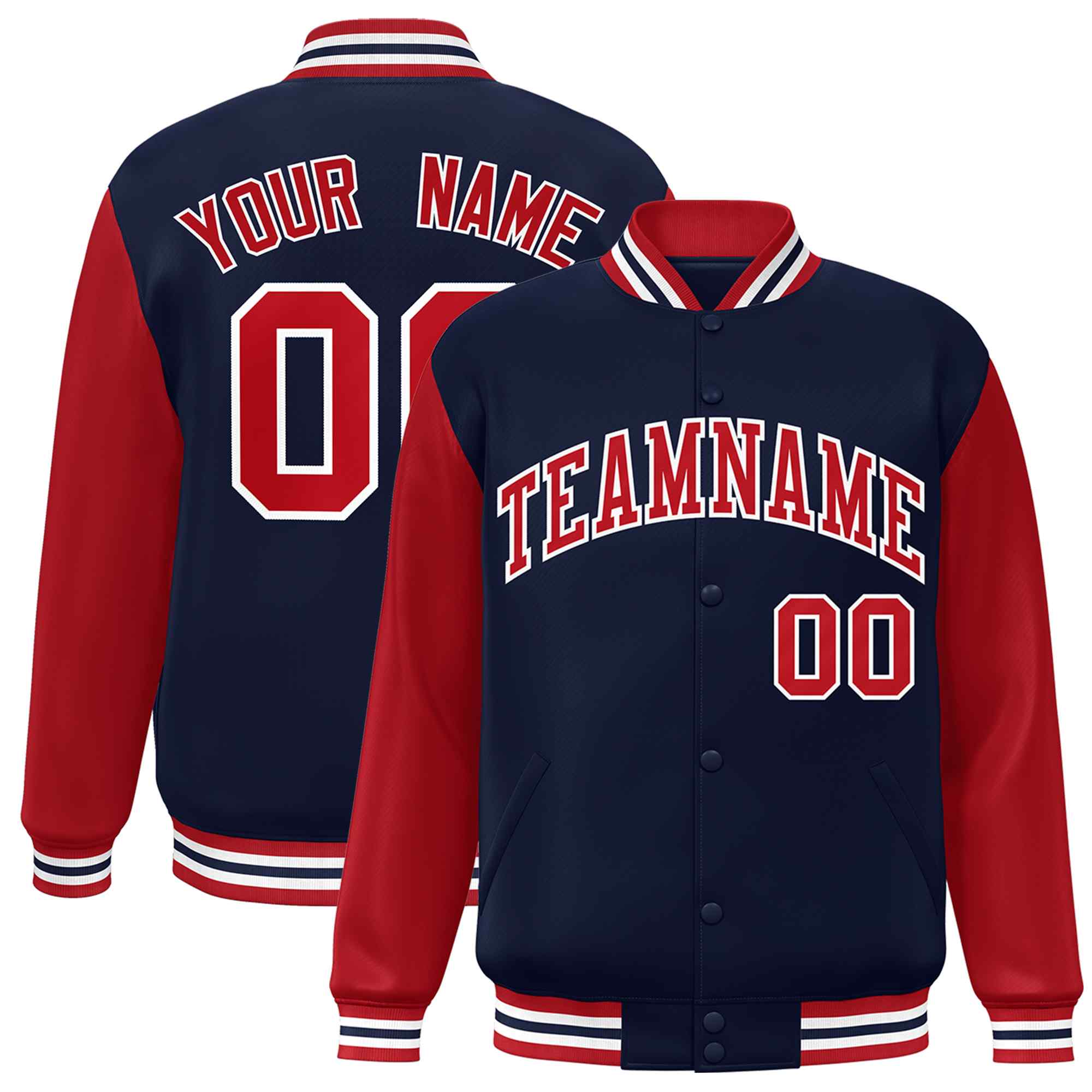 Custom Navy Red-White Raglan Sleeves Varsity Full-Snap Letterman Jacket