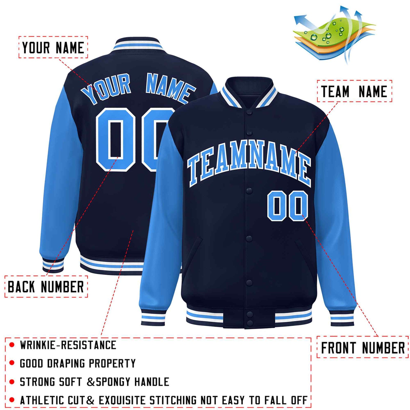 Custom Navy Powder Blue-White Raglan Sleeves Varsity Full-Snap Letterman Jacket