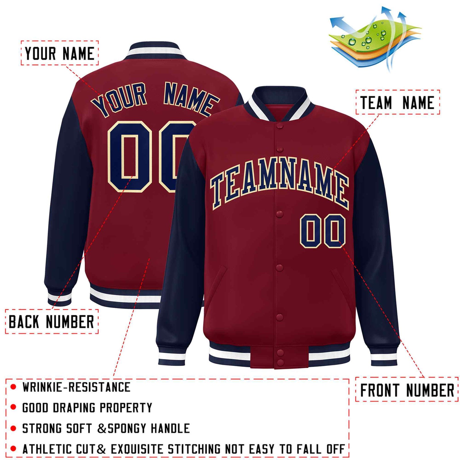Custom Crimson Navy-Khaki Raglan Sleeves Varsity Full-Snap Letterman Jacket