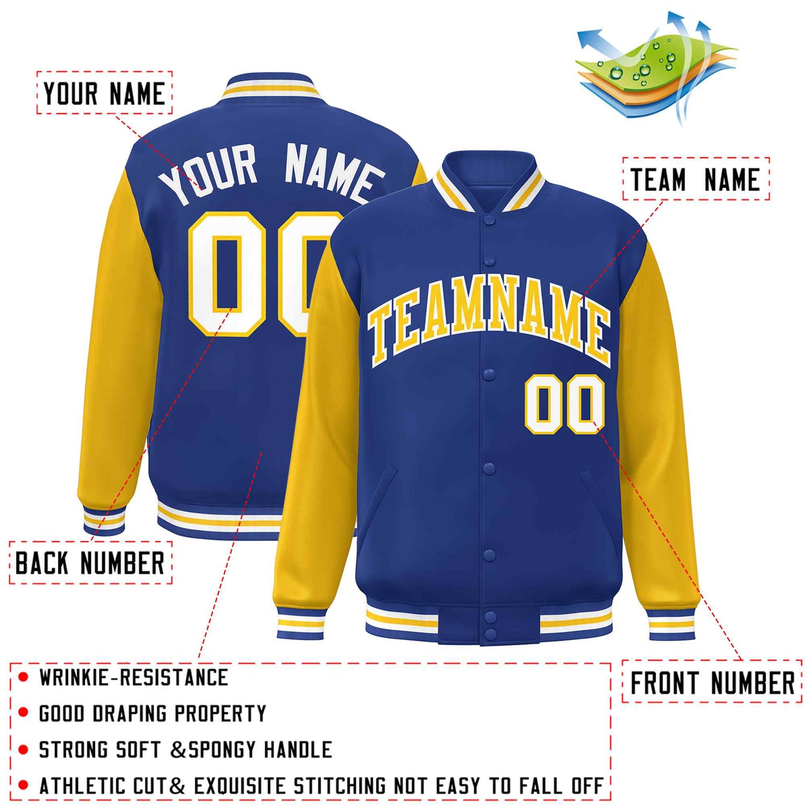 Custom Royal Gold-White Raglan Sleeves Varsity Full-Snap Letterman Jacket