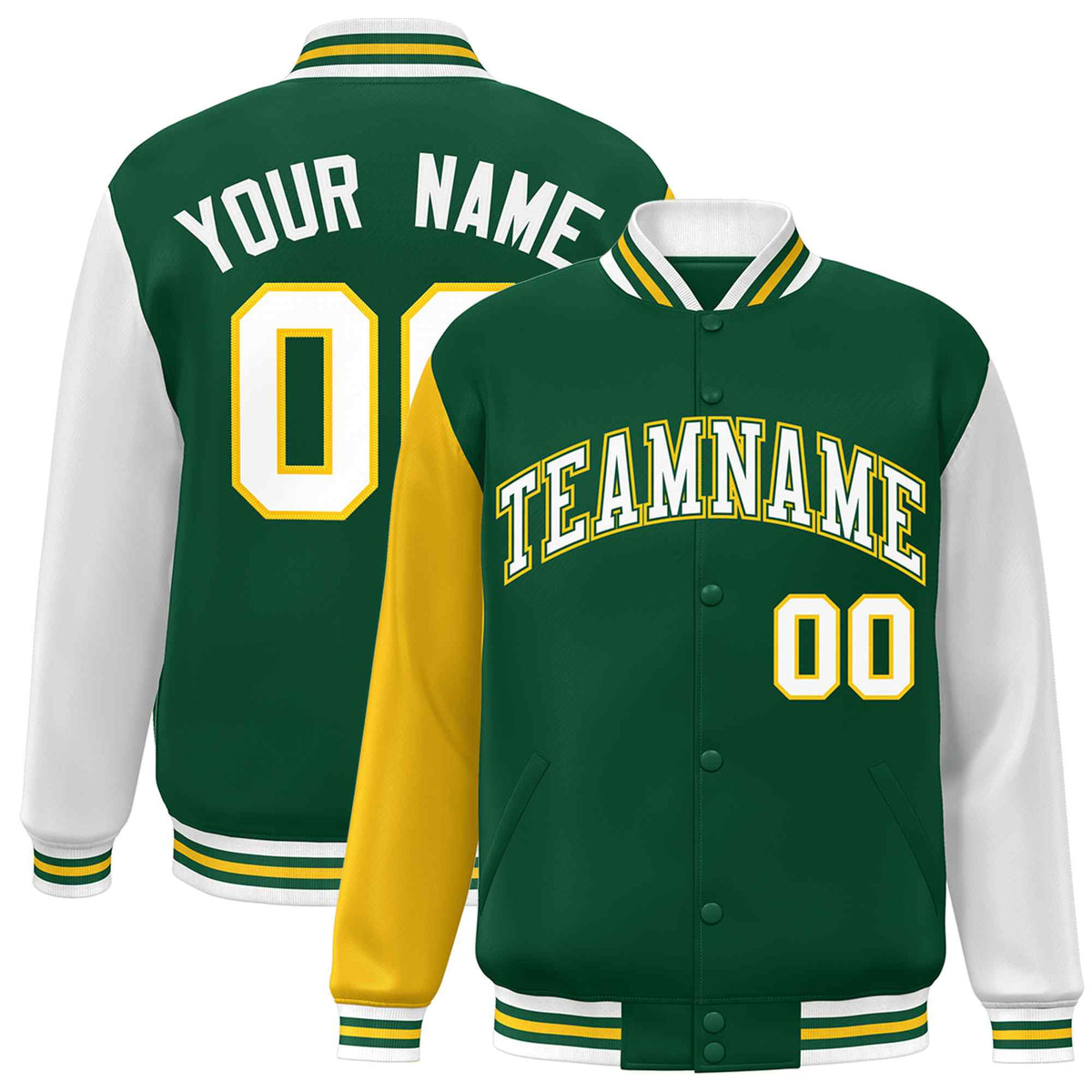 Custom Green White-Green Raglan Sleeves Varsity Full-Snap Letterman Jacket
