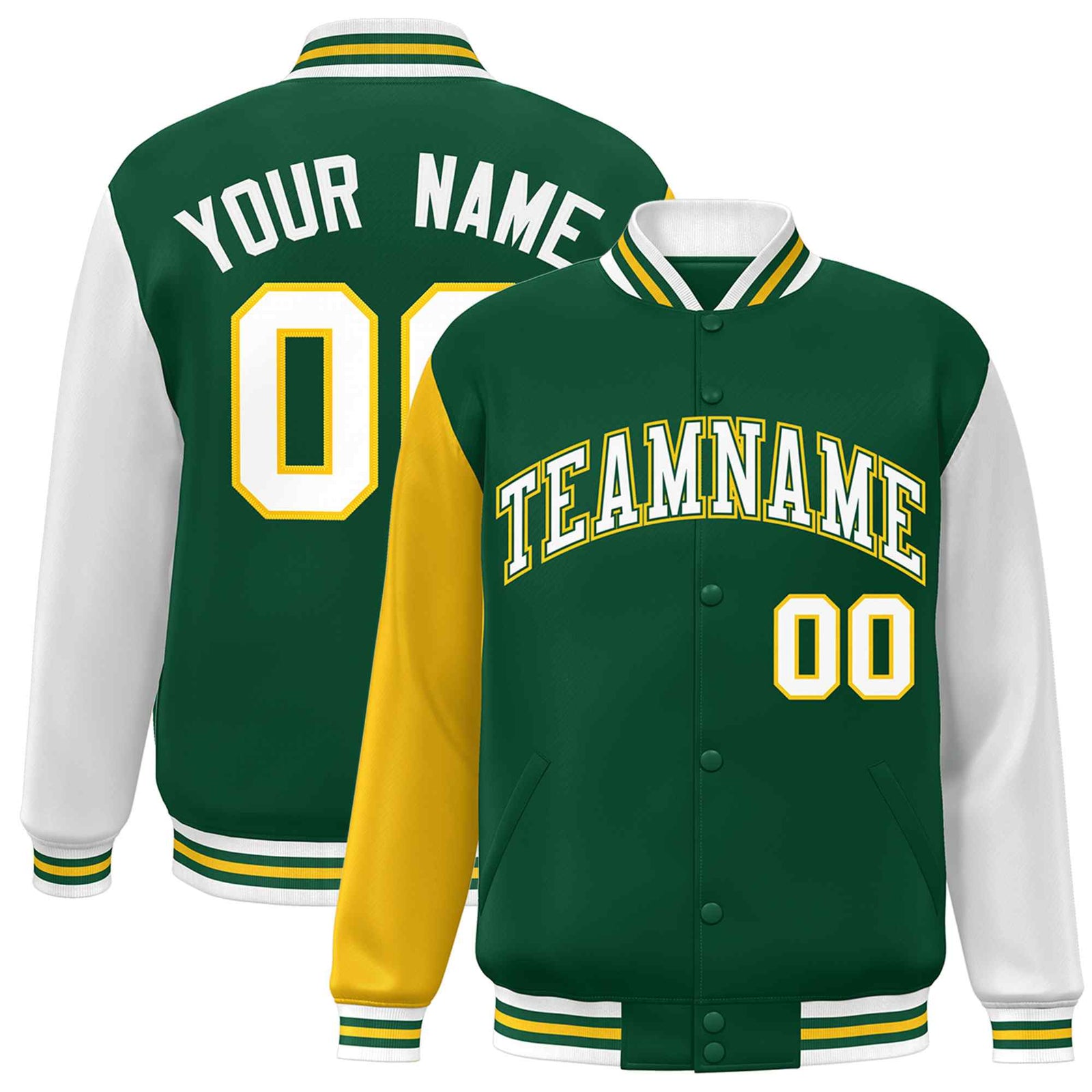 Custom Green White-Green Raglan Sleeves Varsity Full-Snap Letterman Jacket