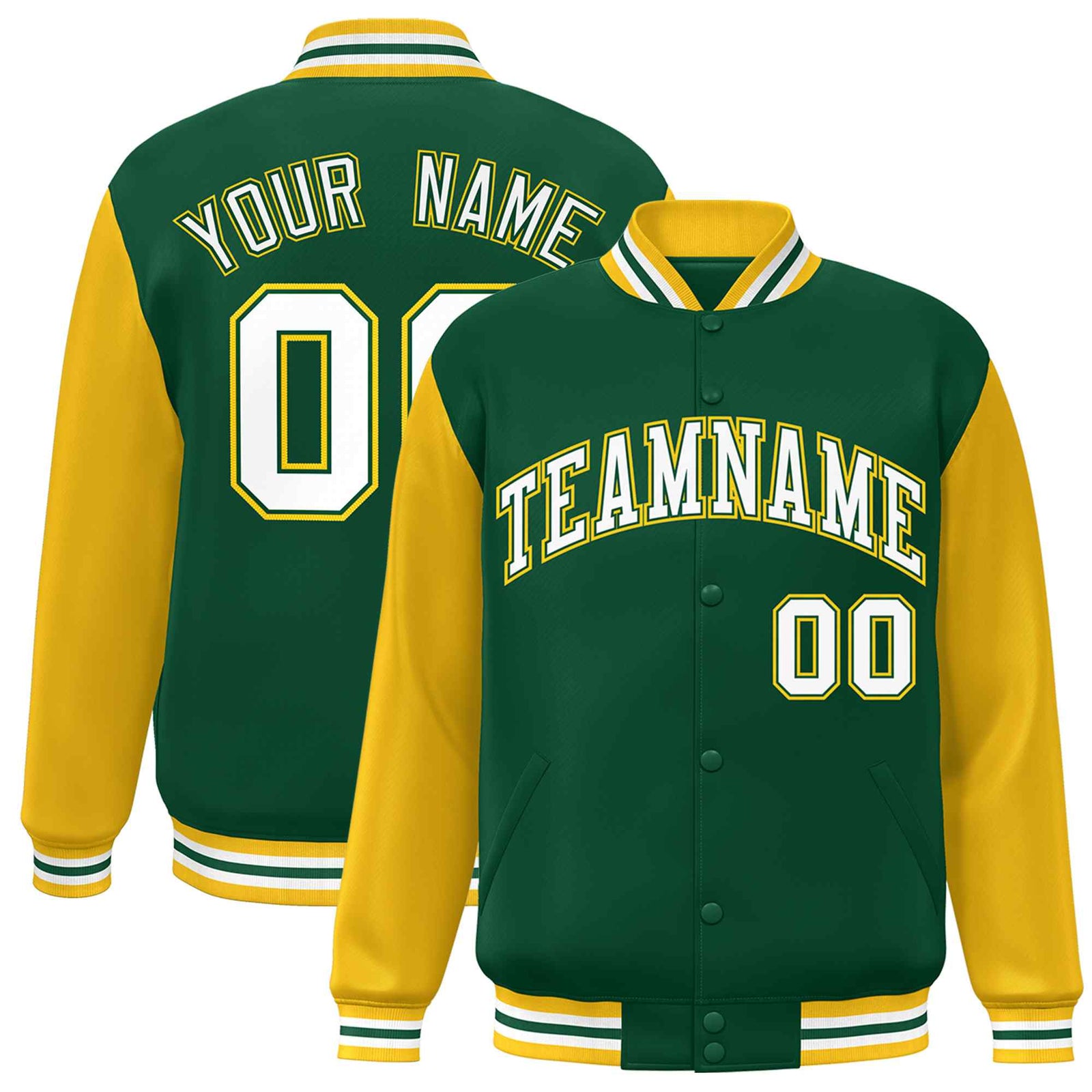 Custom Green White-Green Raglan Sleeves Varsity Full-Snap Letterman Jacket