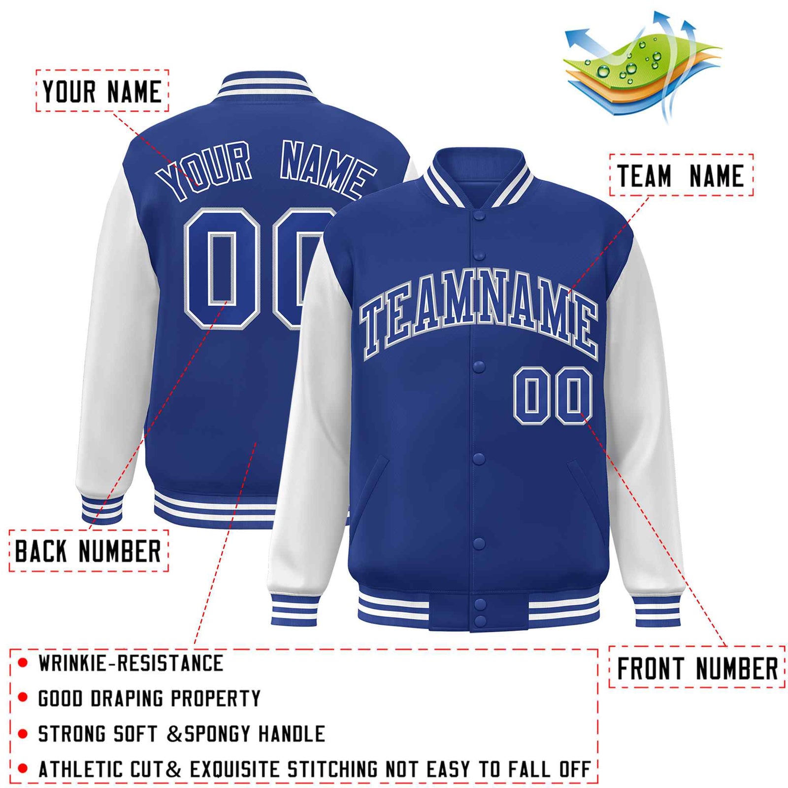 Custom Royal Royal-White Raglan Sleeves Varsity Full-Snap Letterman Jacket