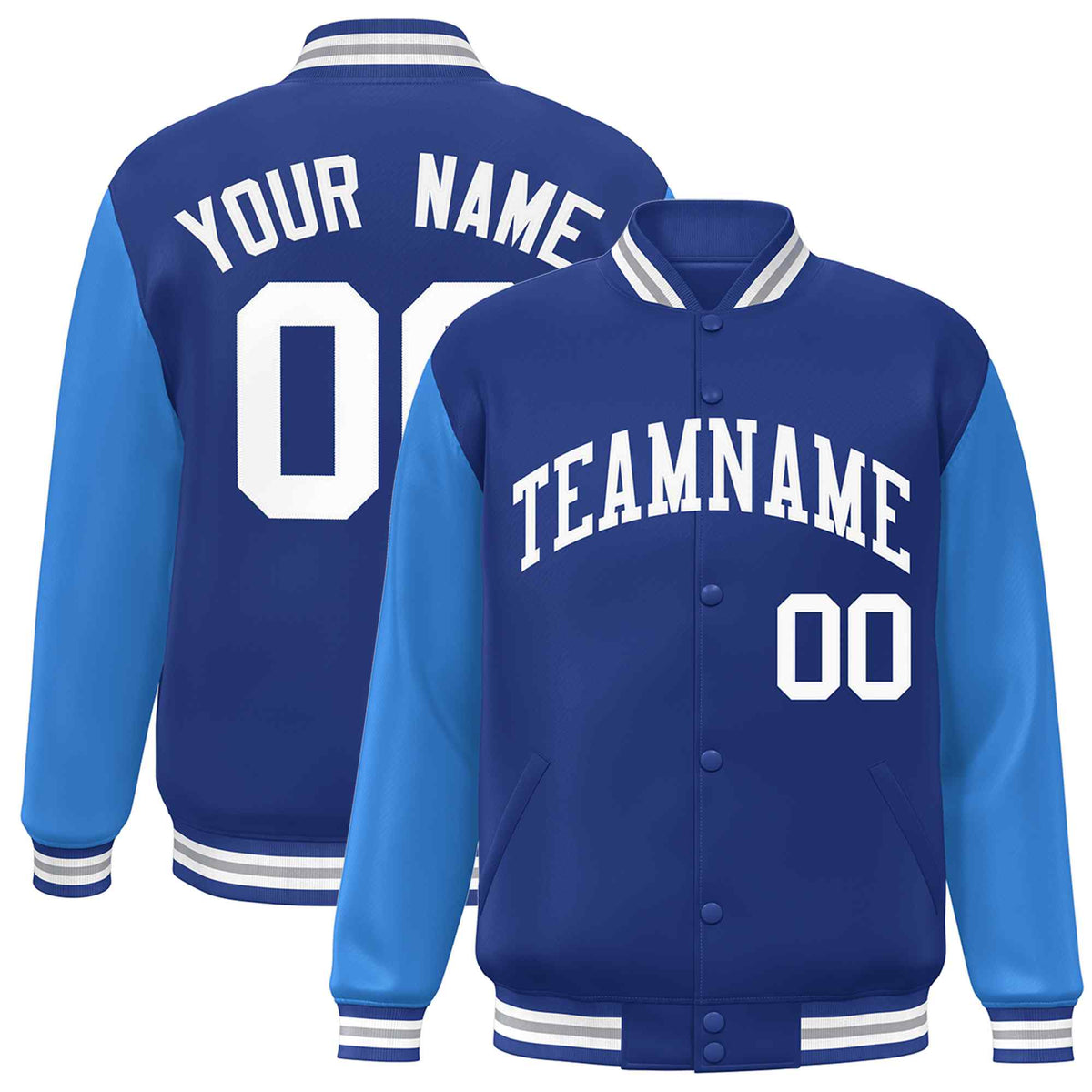 Custom Royal White Raglan Sleeves Varsity Full-Snap Letterman Jacket