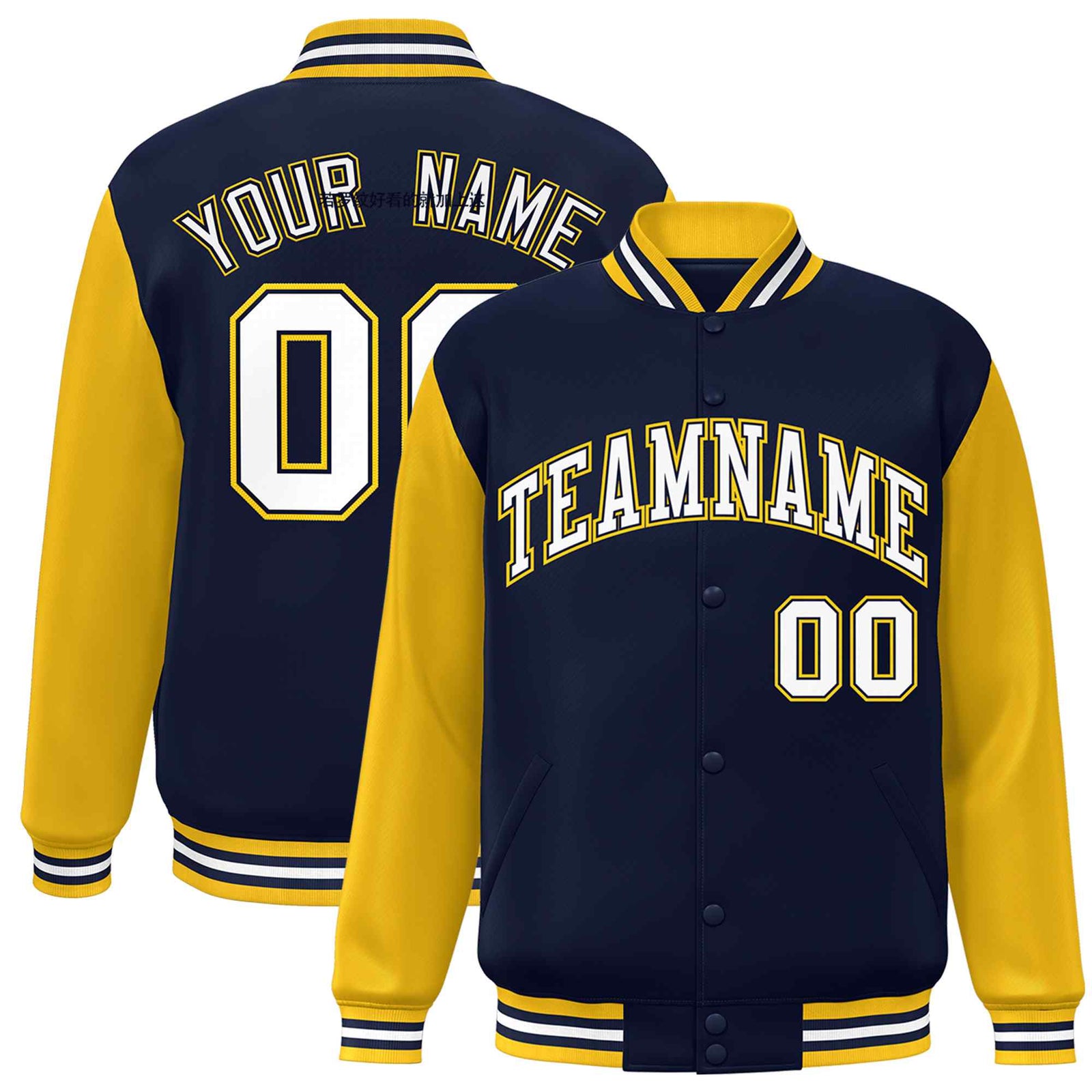 Custom Navy White-Navy Raglan Sleeves Varsity Full-Snap Letterman Jacket