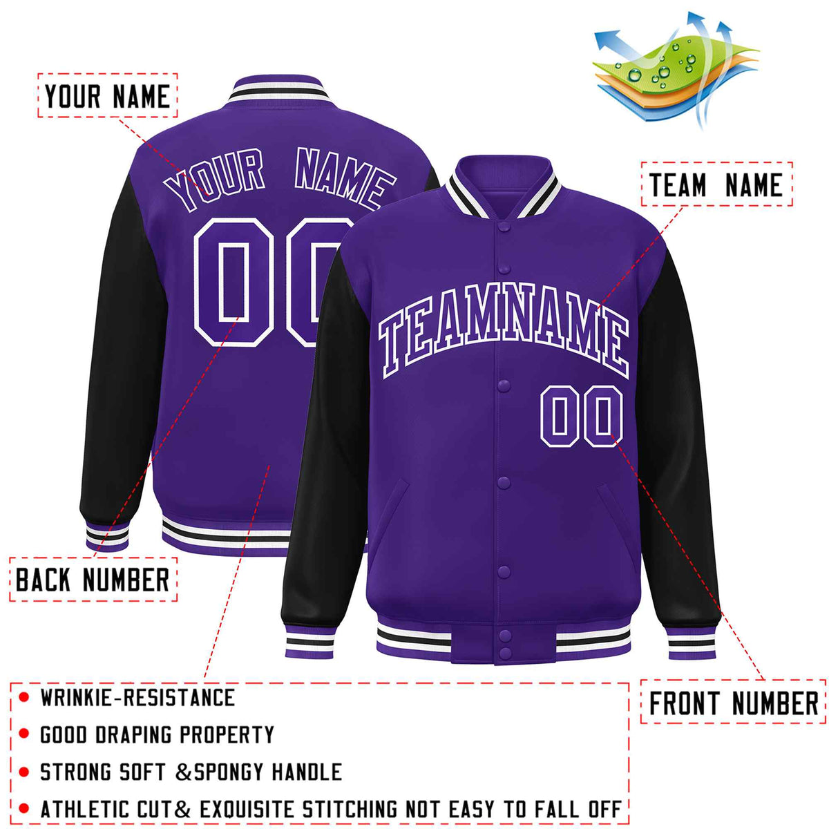 Custom Purple Purple-White Raglan Sleeves Varsity Full-Snap Letterman Jacket