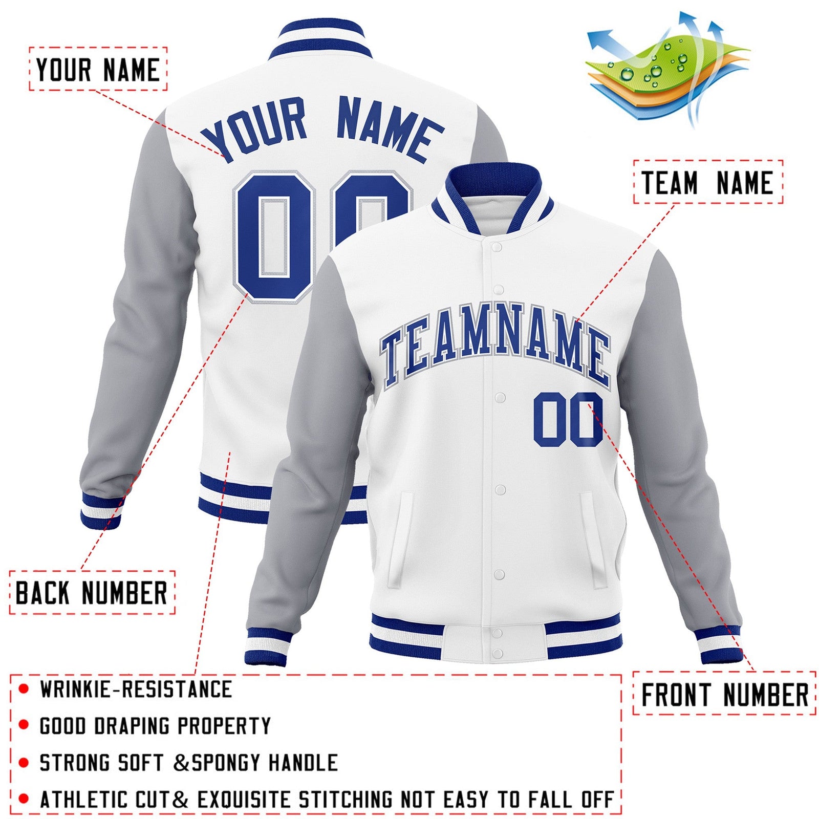 Custom White Royal-White Raglan Sleeves Varsity Full-Snap Letterman Jacket