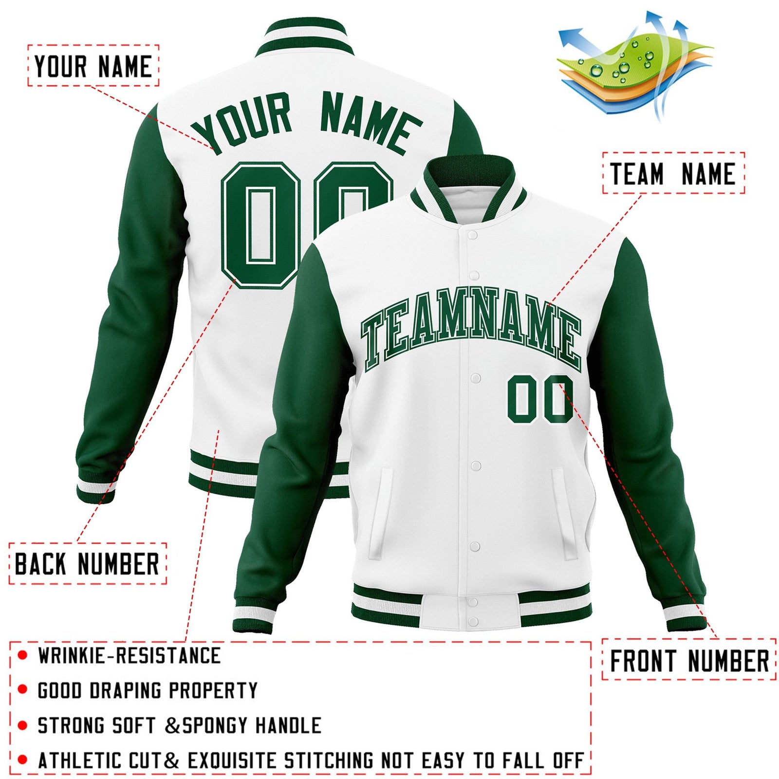 Custom White Green-White Raglan Sleeves Varsity Full-Snap Letterman Jacket