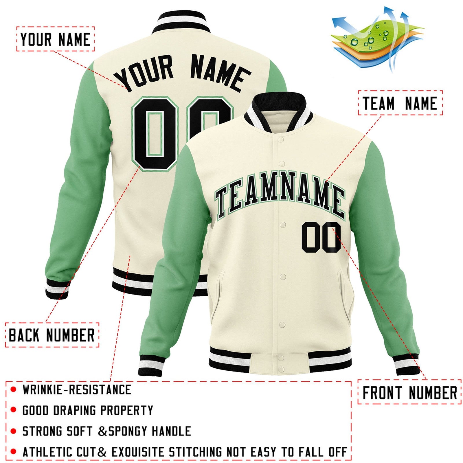 Custom Khaki Black-White Raglan Sleeves Varsity Full-Snap Letterman Jacket