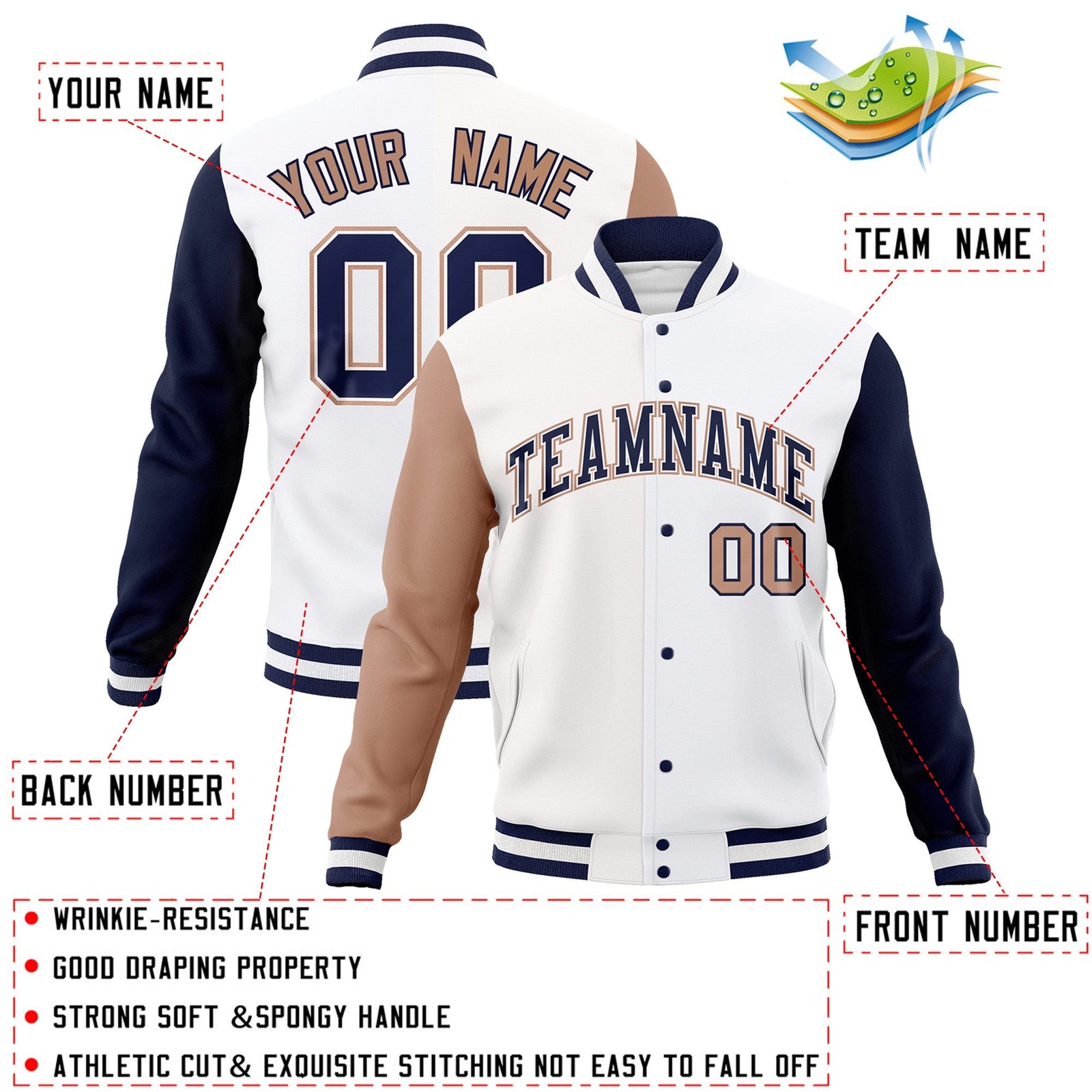 Custom White Navy-White Raglan Sleeves Varsity Full-Snap Letterman Jacket