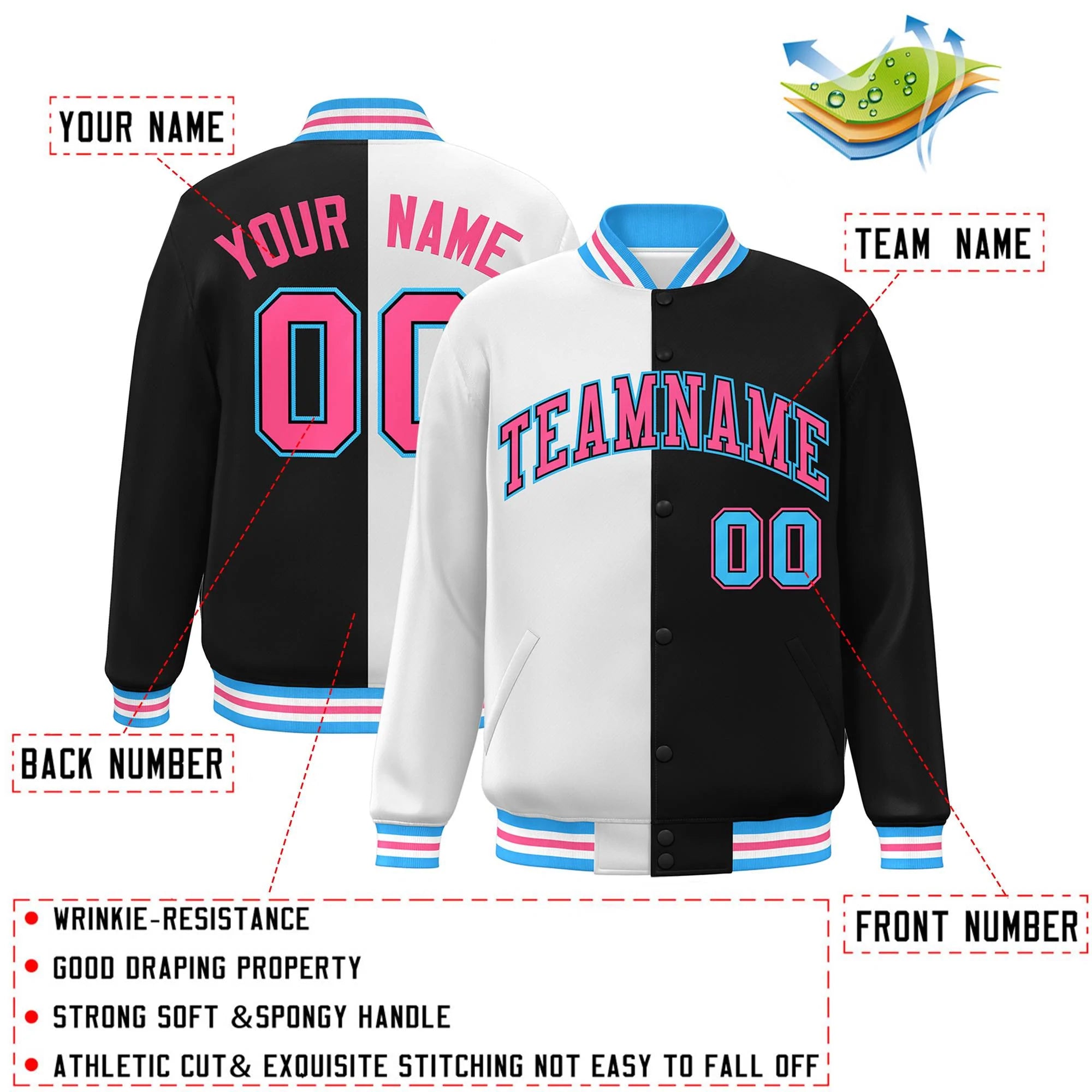 Custom Black White-Pink Letterman Two Tone Split Fashion Varsity Full-Snap Jacket