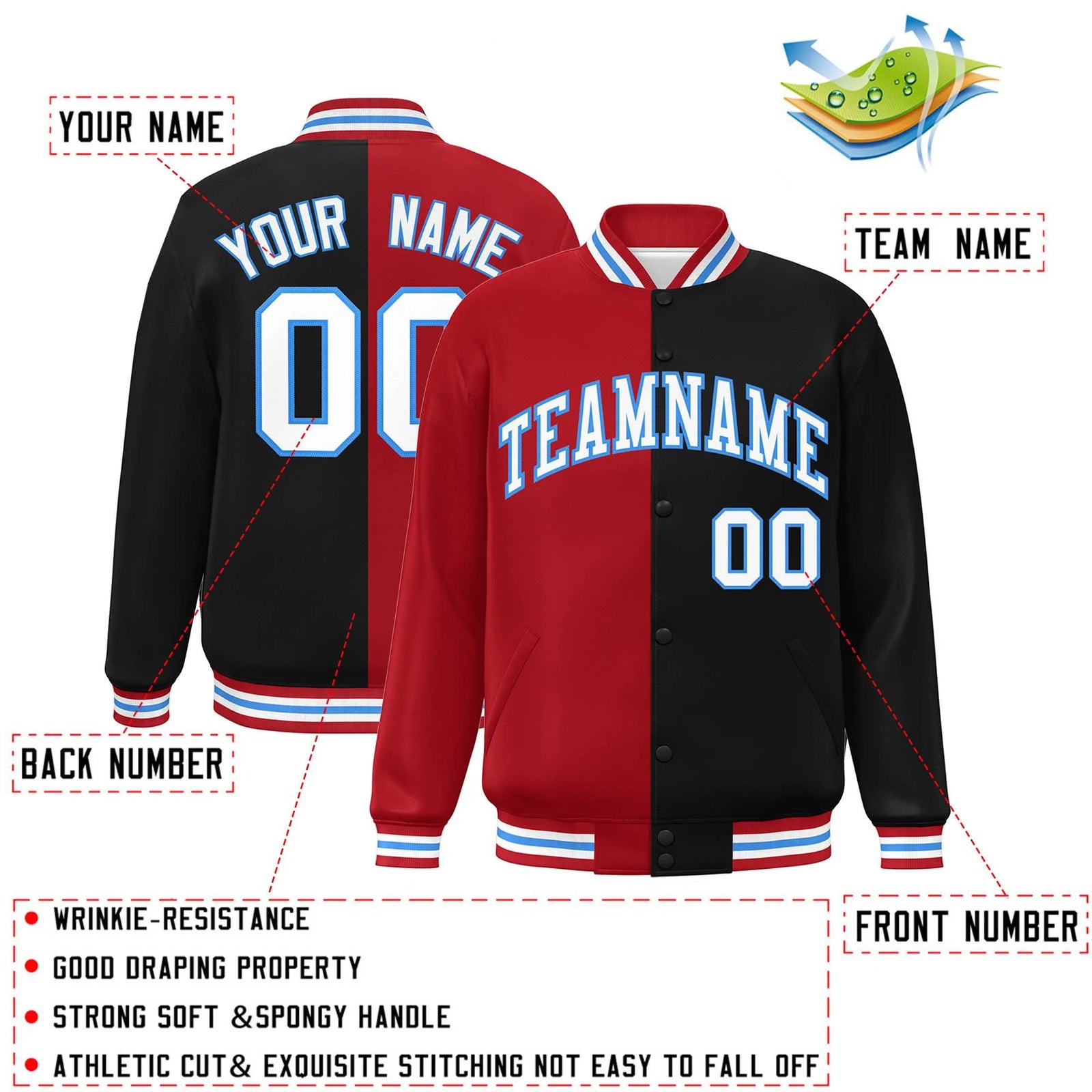Custom Black Red-White Letterman Two Tone Split Fashion Varsity Full-Snap Jacket