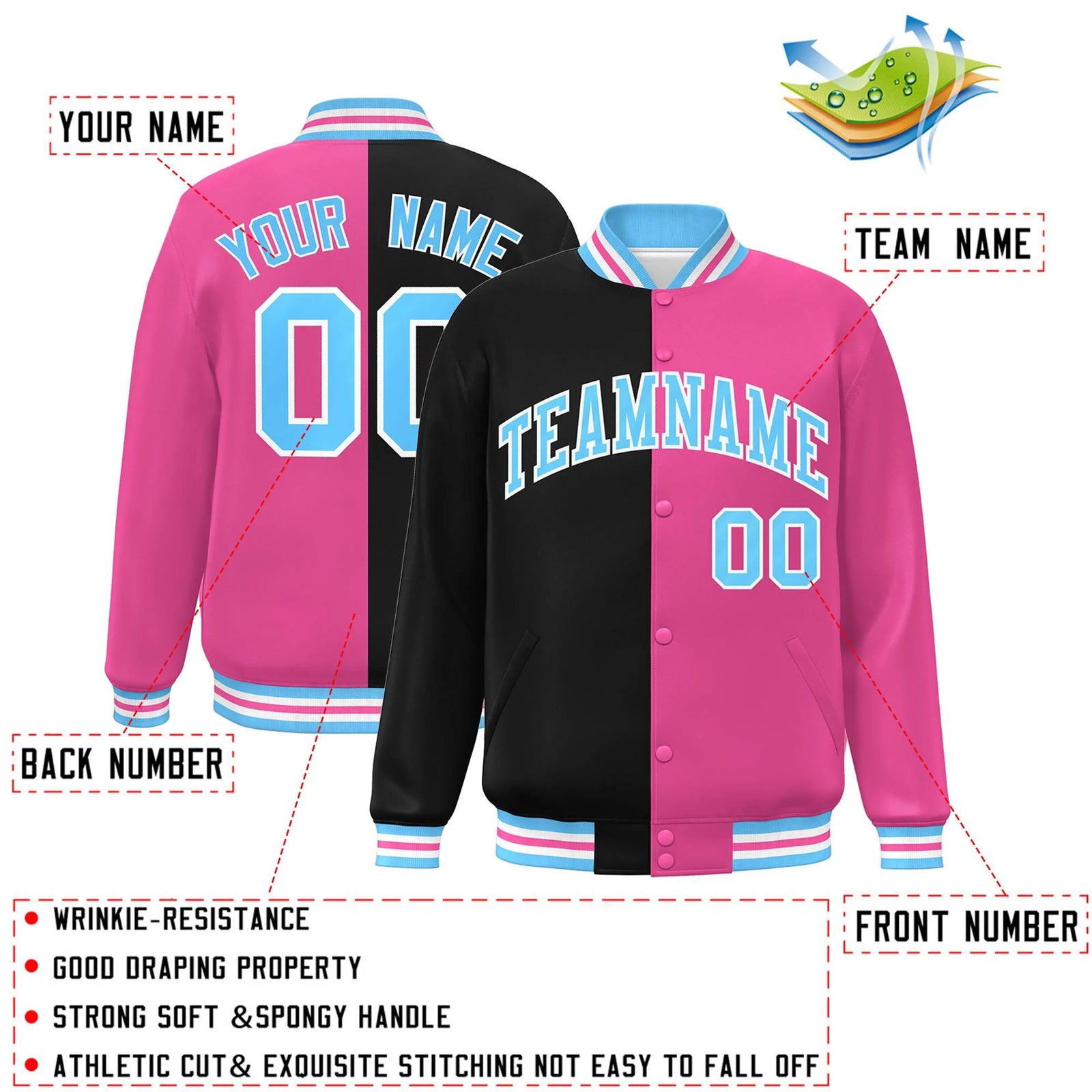 Custom Pink Black-Powder Blue Letterman Two Tone Split Fashion Varsity Full-Snap Jacket