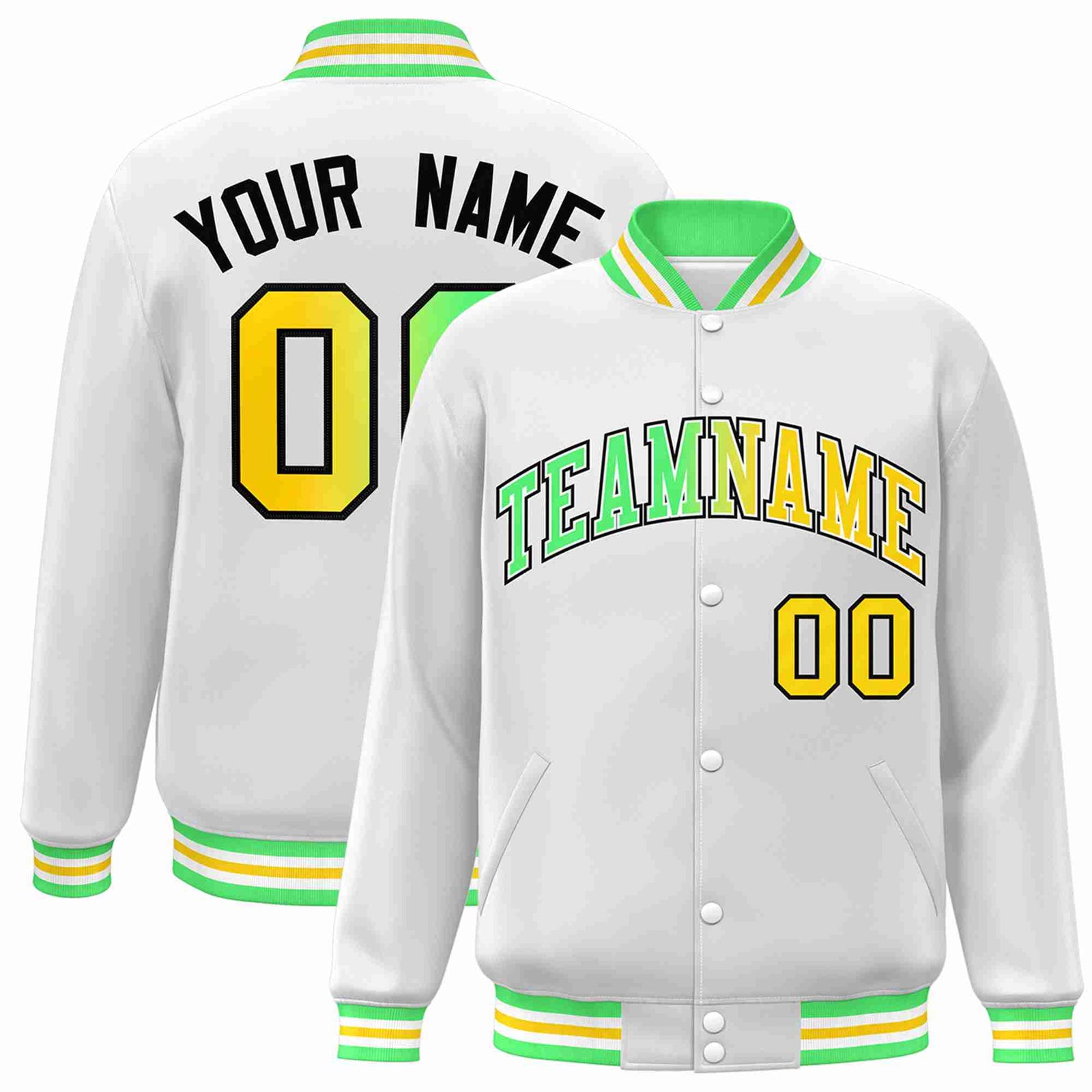 Custom White Green-White Gradient Fashion Letterman Bomber Varsity Jacket