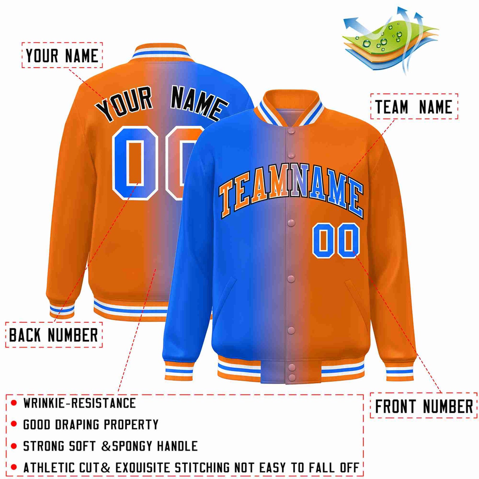 Custom Blue Orange-White Gradient Fashion Letterman Bomber Varsity Jacket